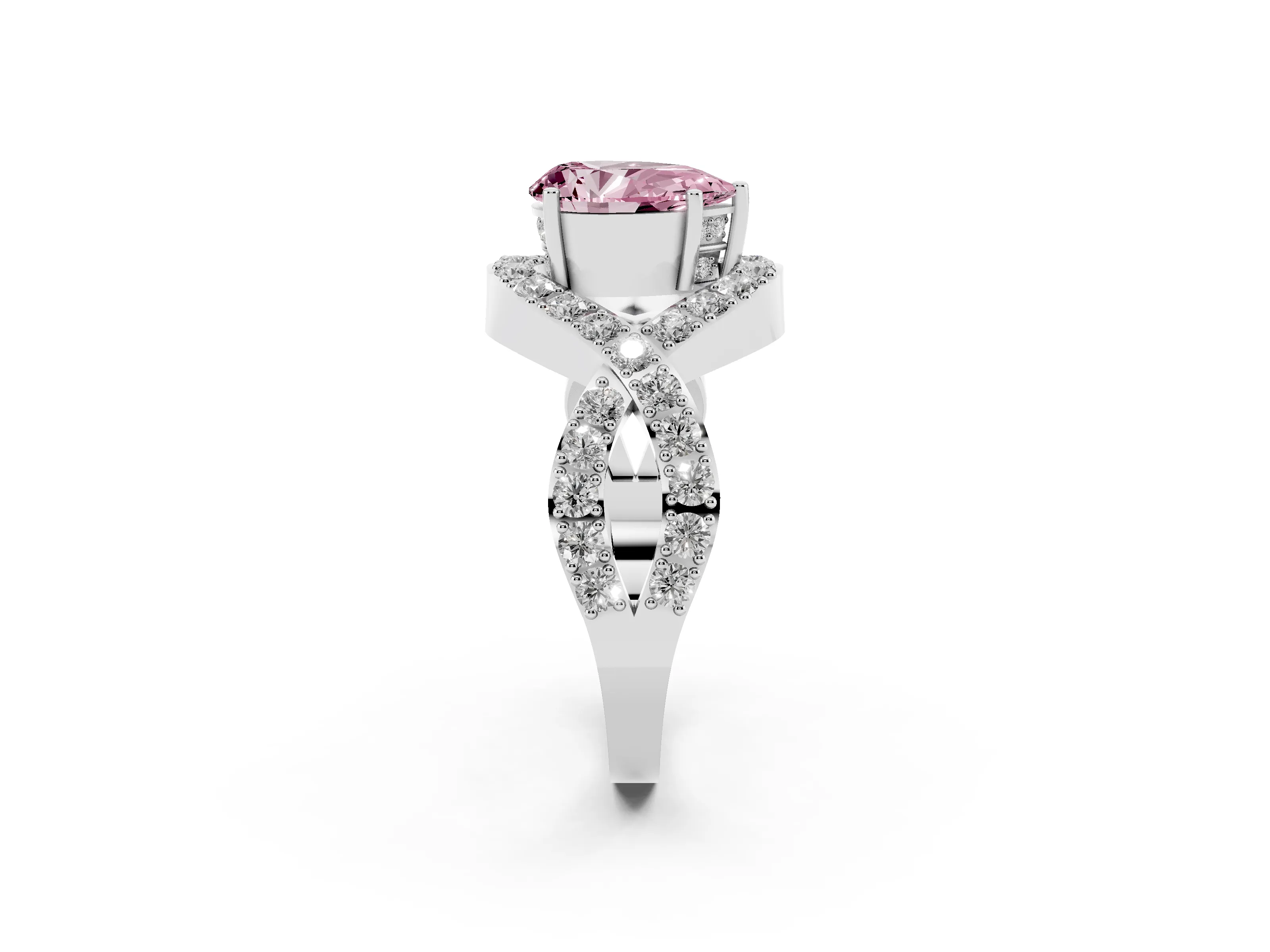 Fancy Pink Pear Cut Diamond Solitaire Twist Band Pavé Engagement Ring Set in Silver