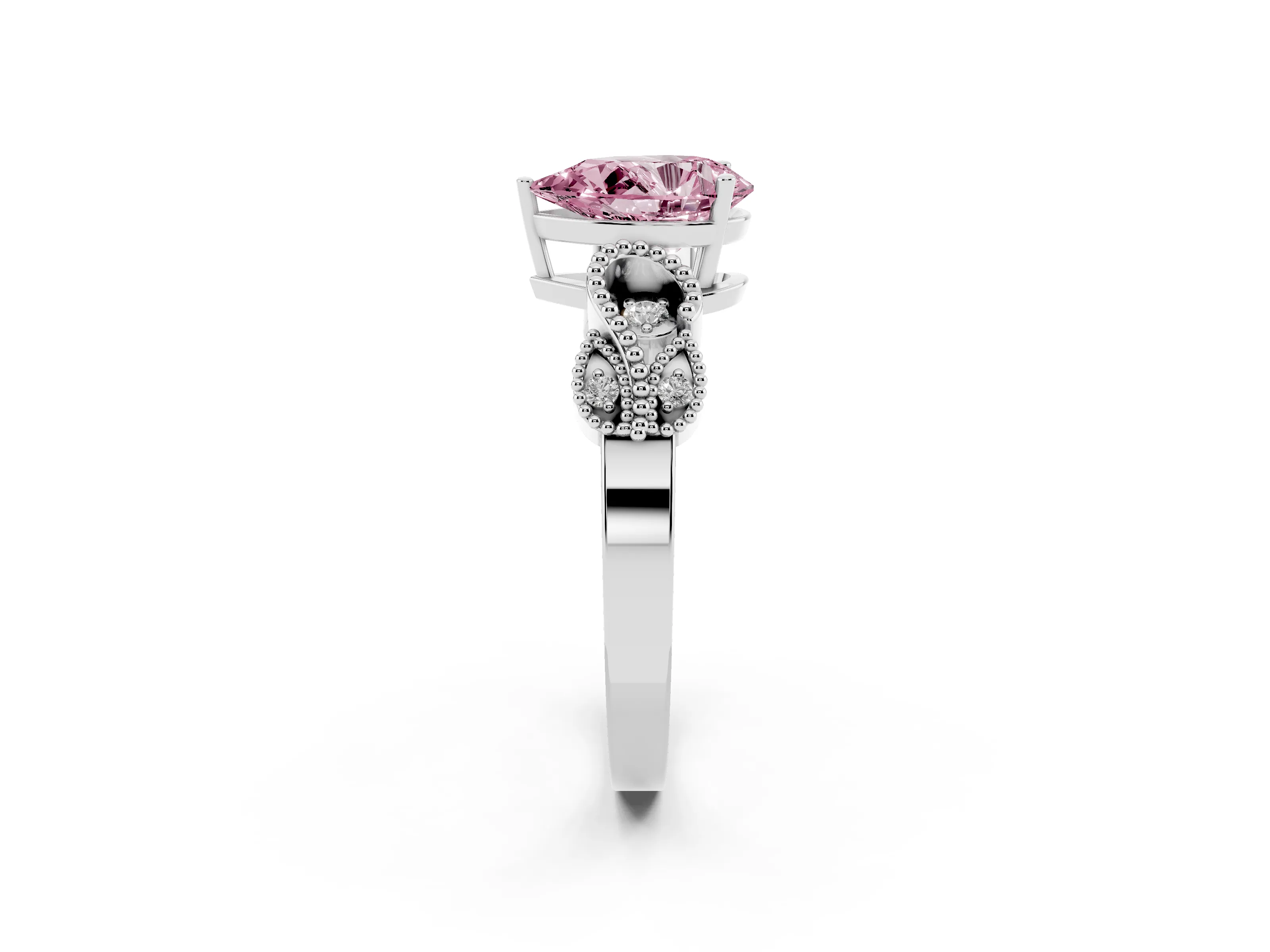 Fancy Pink Pear Cut Diamond Milgrain Leaf Band Solitaire Ring Set in White gold with Accent Stones and Prong Setting
