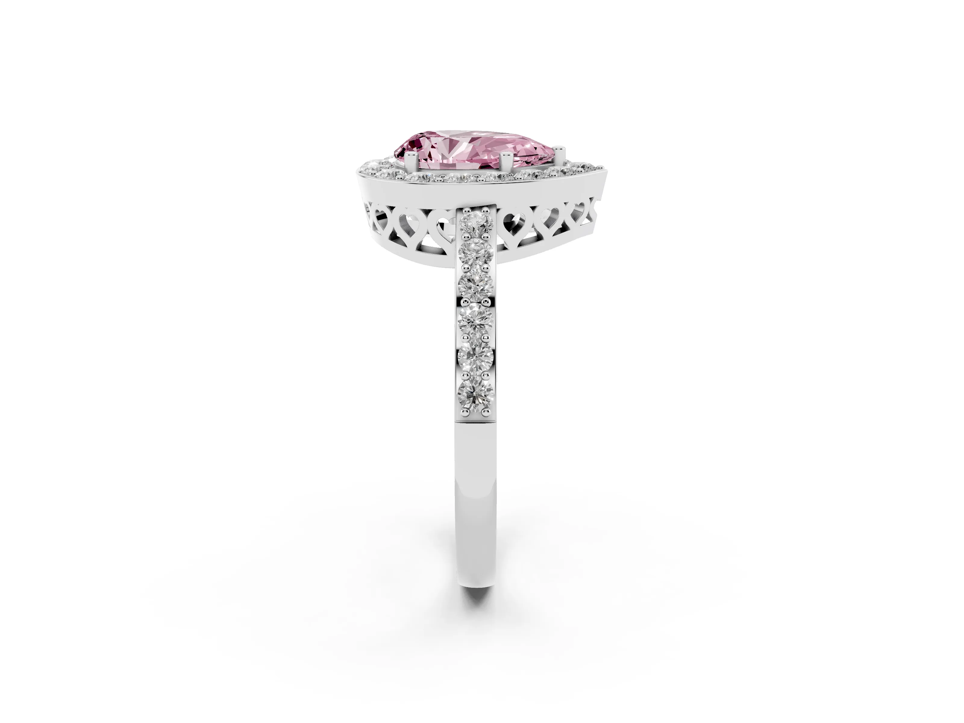 Fancy Pink Pear Cut Diamond Halo Ring Set in Platinum with Pavé-Setting Band and Open Prong Center