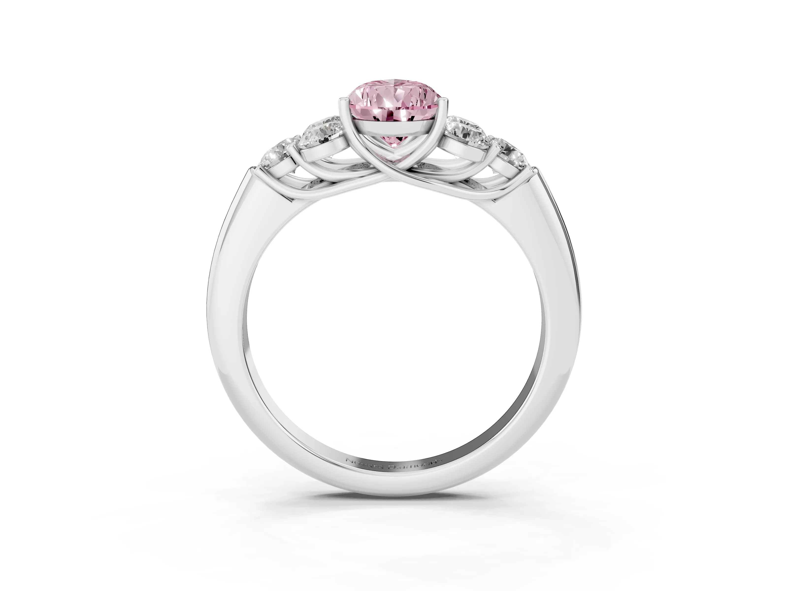 Fancy Pink Pear Cut Diamond Cluster Ring Set in Silver with Round Accent Stones and Prong Setting on a Plain Band