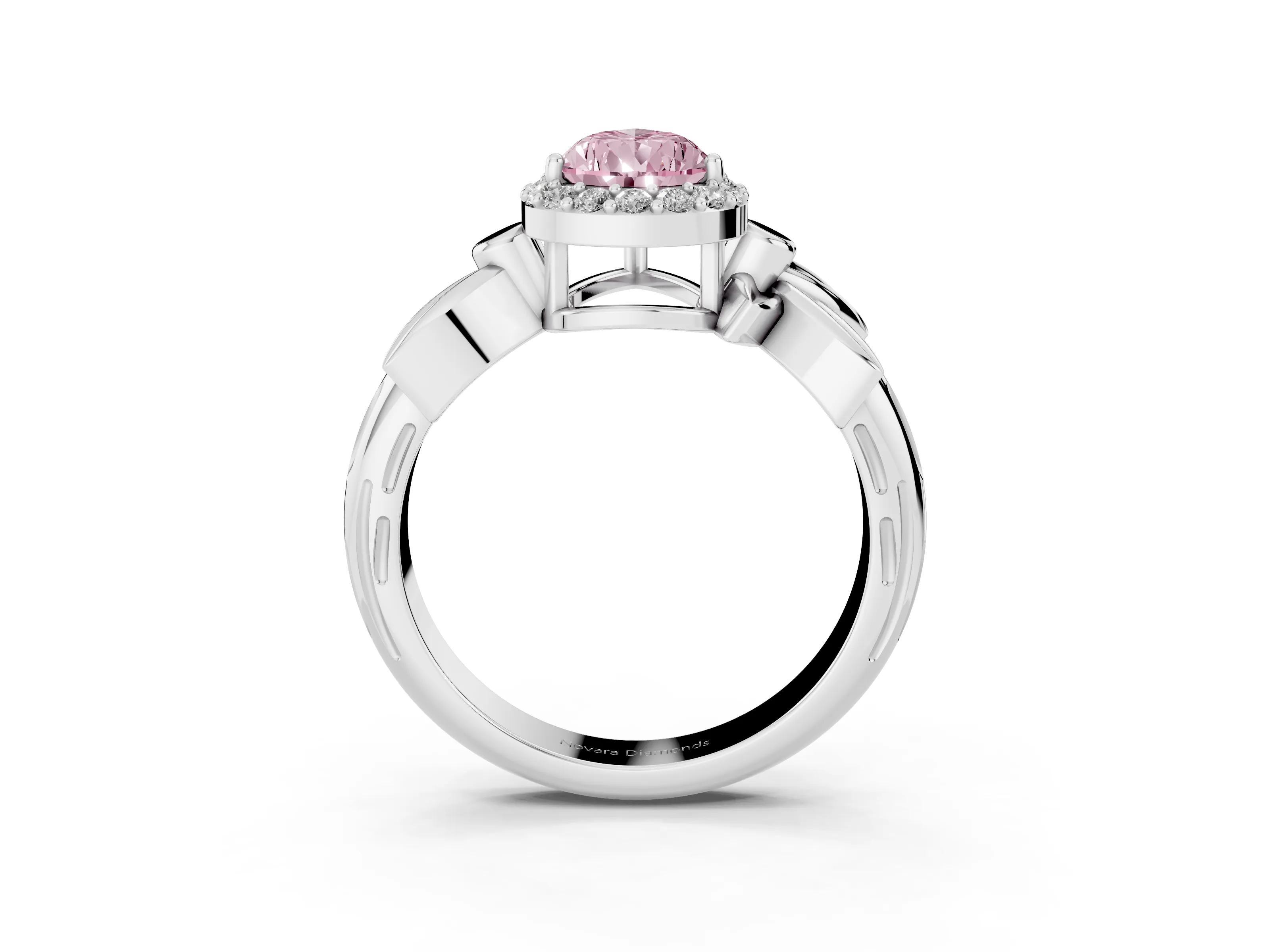 Fancy Pink Pear Cut Diamond Halo Floral Band Ring Set in Platinum with Prong Setting