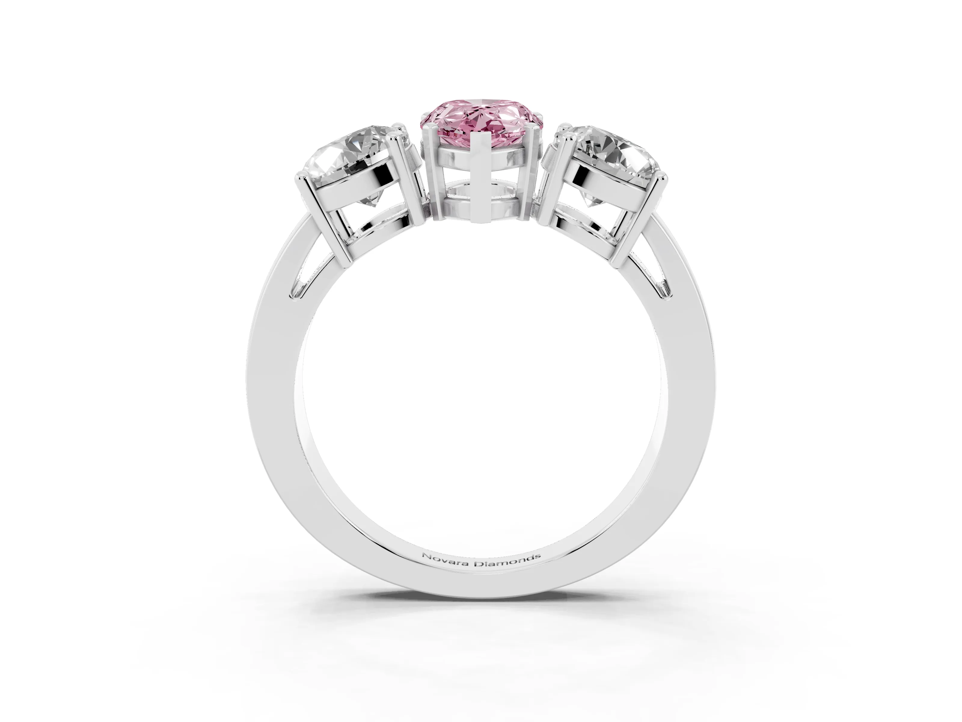 Fancy Pink Pear Cut Diamond Three-Stone Ring Set in Silver with Round Side Stones and Classic Band
