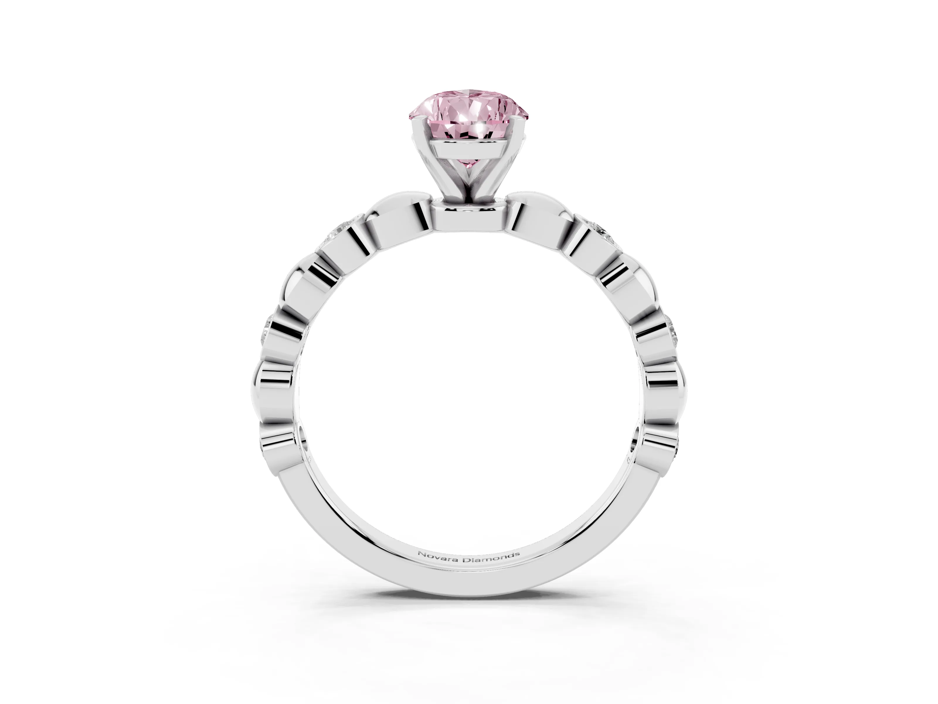 Fancy Pink Pear Cut Diamond Solitaire Ring Set in Silver with Bezel-Set Accents on Beaded Band and Prong Setting