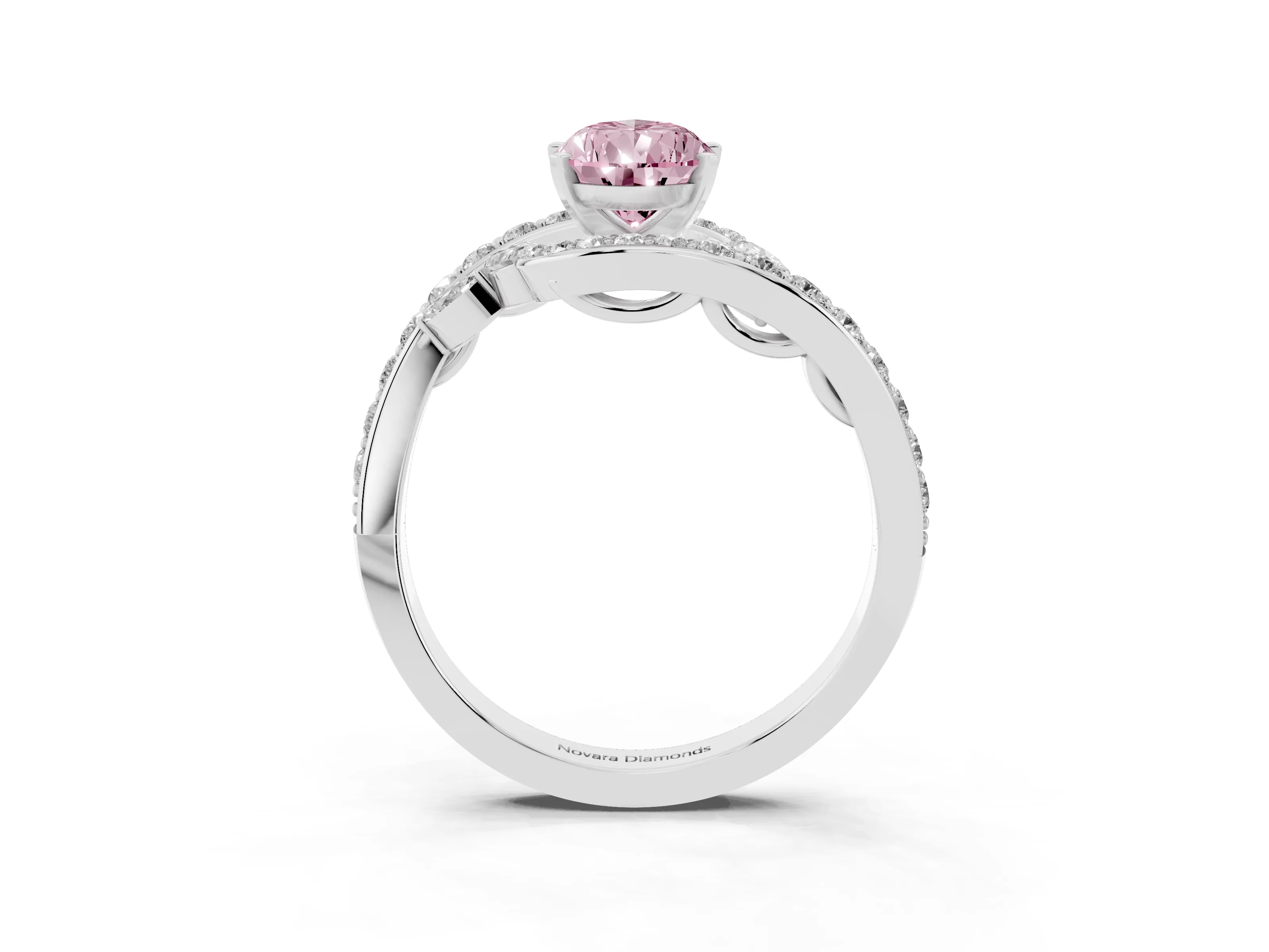 Fancy Pink Pear Cut Diamond Solitaire Ring Set in Platinum with Pavé Twist Band and Secure Prong Setting
