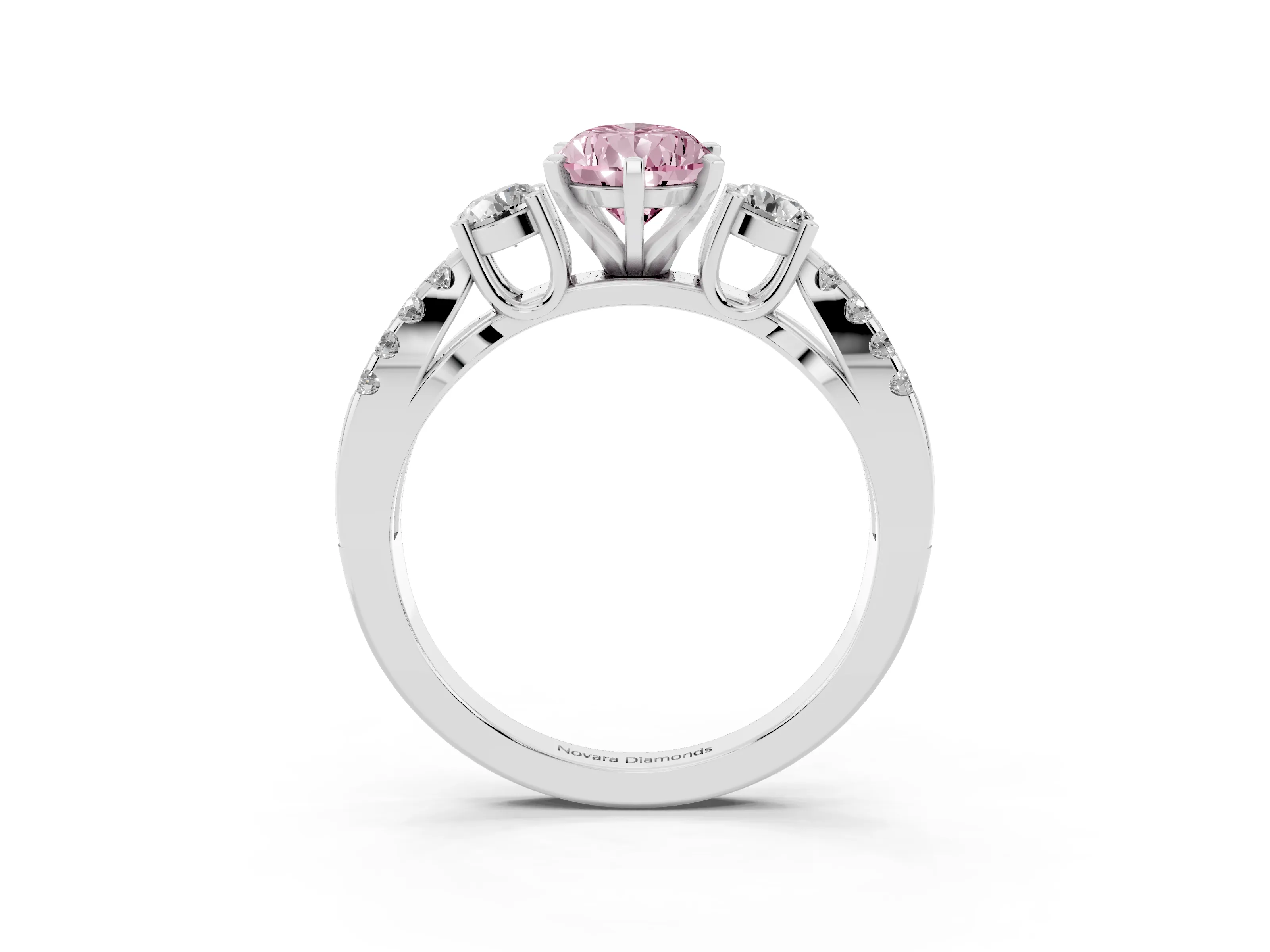 Fancy Pink Pear Cut Diamond Three-Stone Ring Set in White gold with Pavé Split Shank and Prong Setting