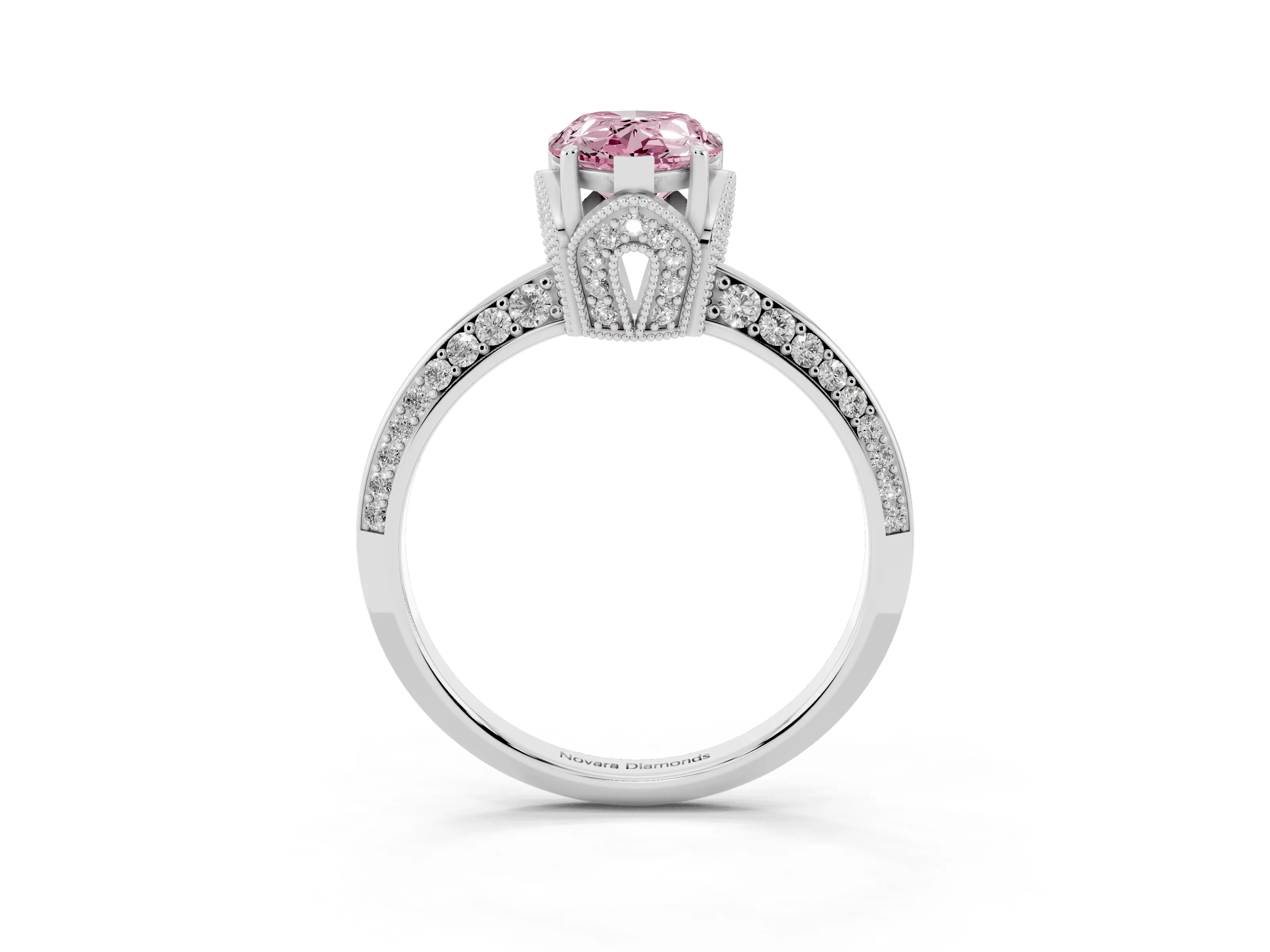 Fancy Pink Pear Cut Diamond Solitaire Engagement Ring Set in Platinum with Pavé Split Shank and Prong Setting