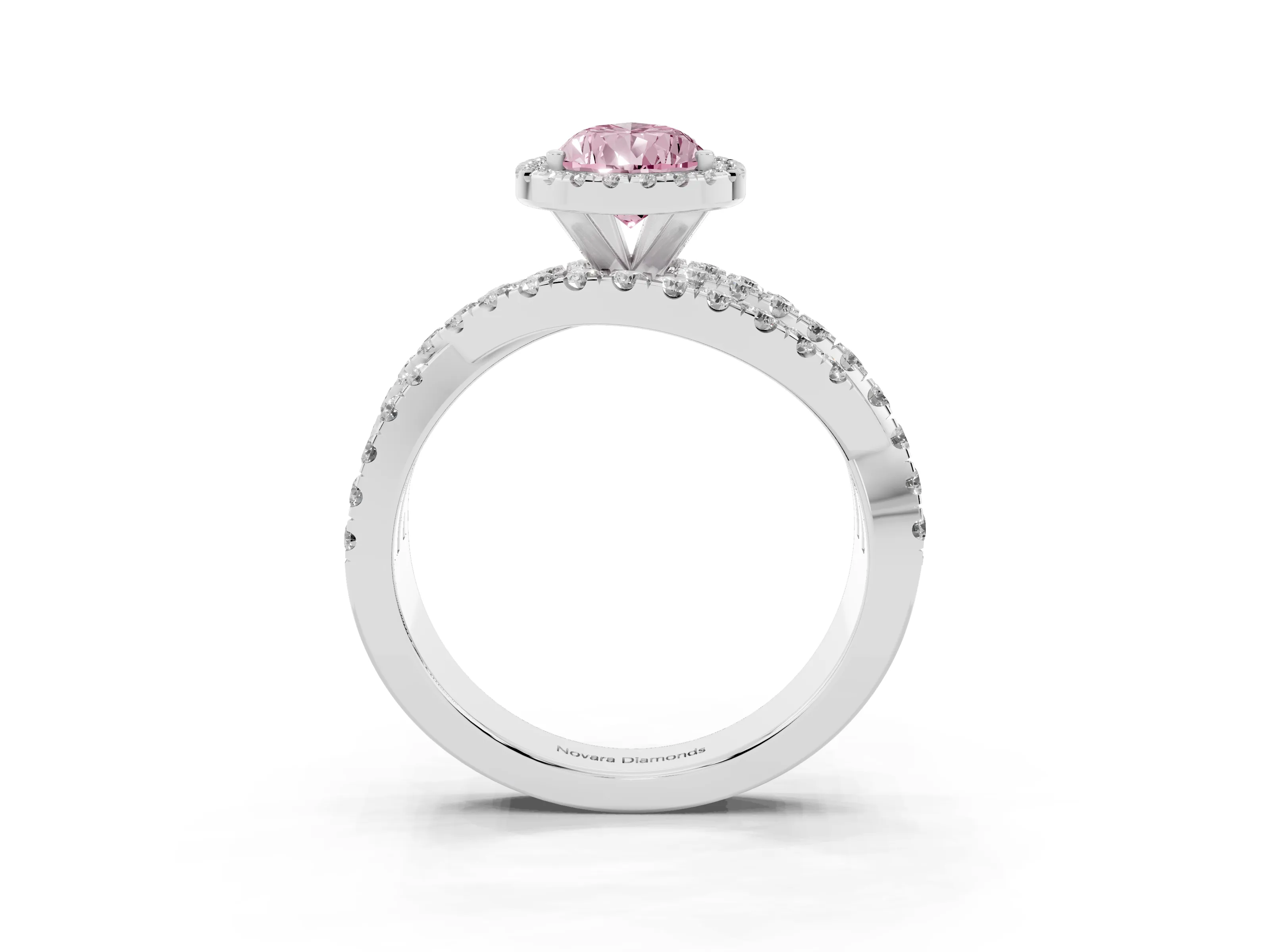 Fancy Pink Pear Cut Diamond Halo Ring Set in Platinum with Round Crossover Split Shank and Prong Setting