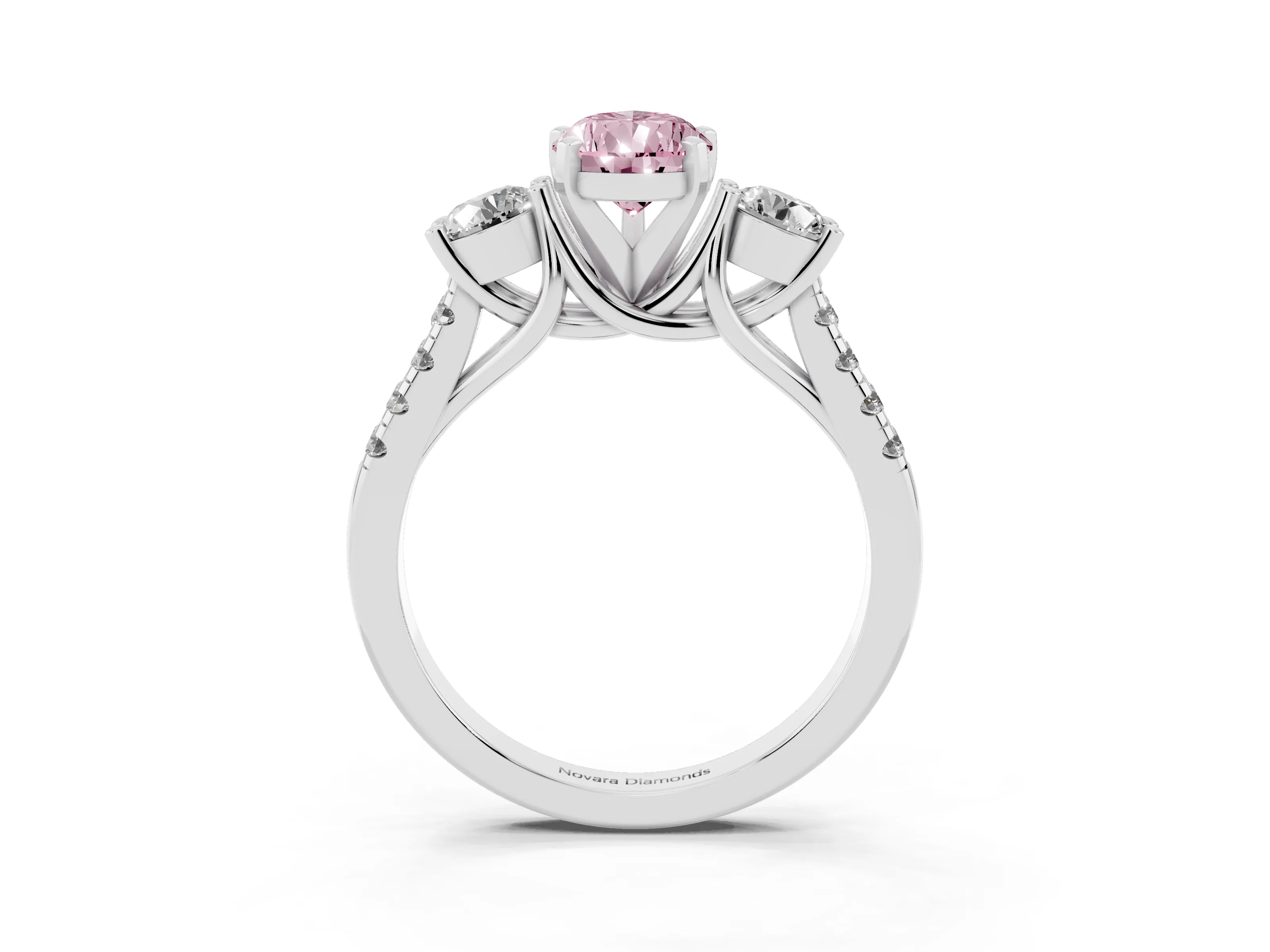 Fancy Pink Three-Stone Pear Cut Diamond Pavé Band Ring Set in Platinum with Prong-Set Trio