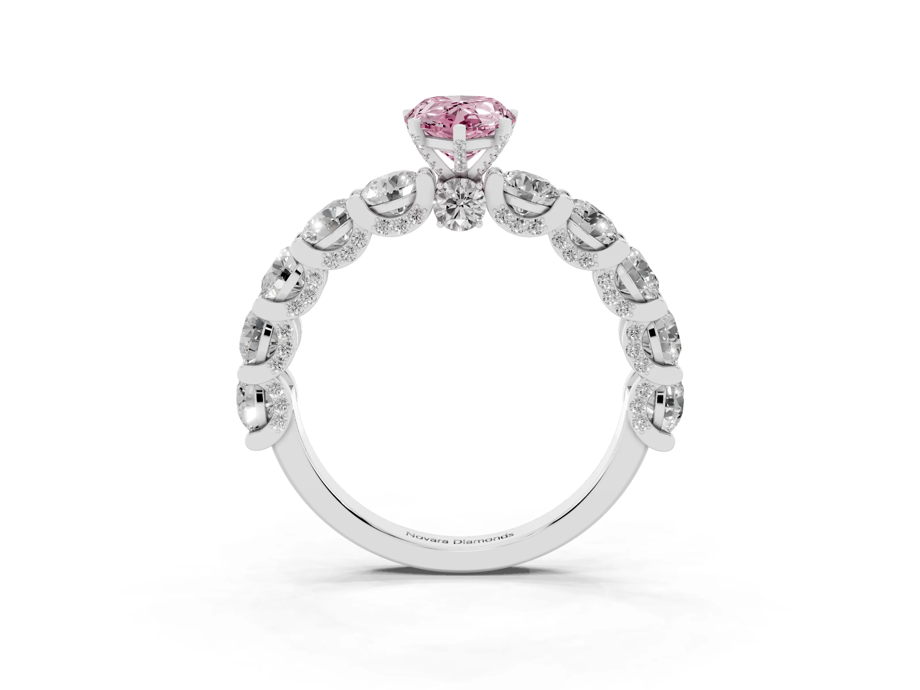 Fancy Pink Pear Cut Diamond Side Stone Ring Set in Silver with Alternating Round and Oval Side Stones