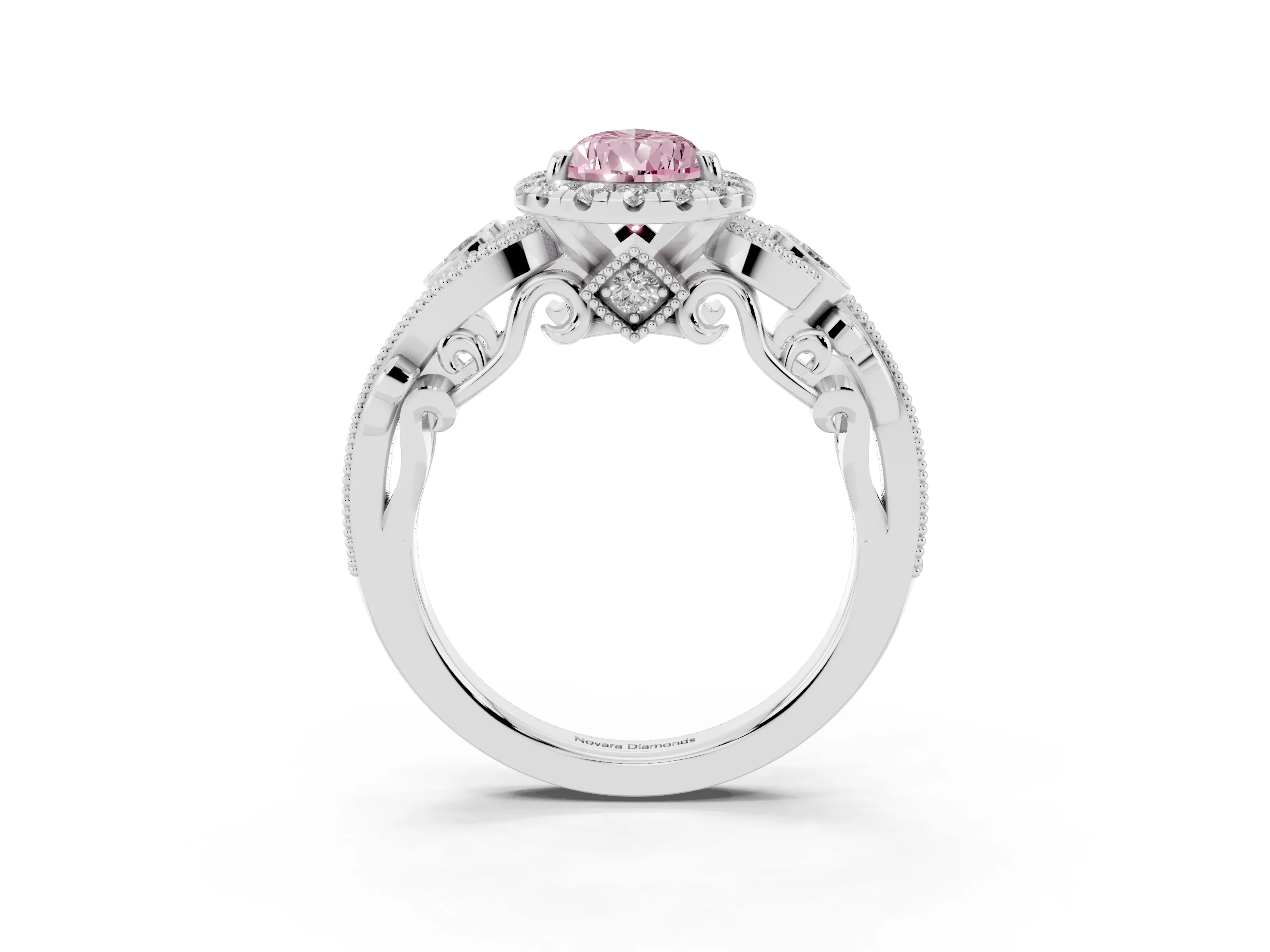 Fancy Pink Pear Cut Diamond Halo Ring Set in Silver with Milgrain Pavé Band and Prong Setting