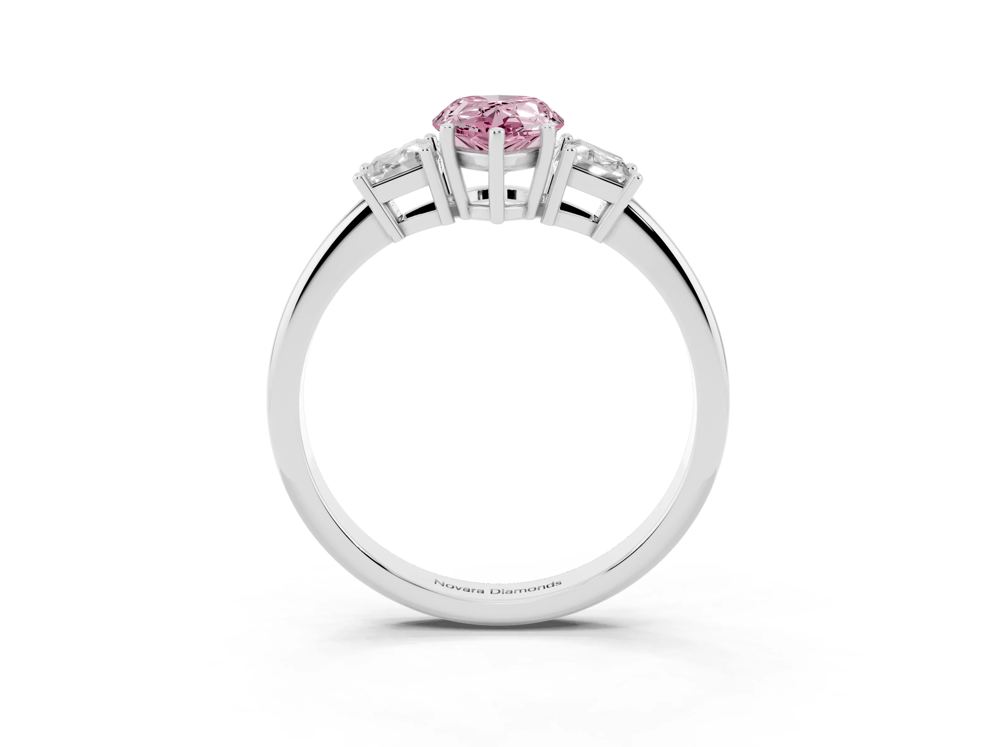 Fancy Pink Pear Cut Diamond Three-Stone Ring Set in White gold with Trapezoid Side Stones and Prong Setting