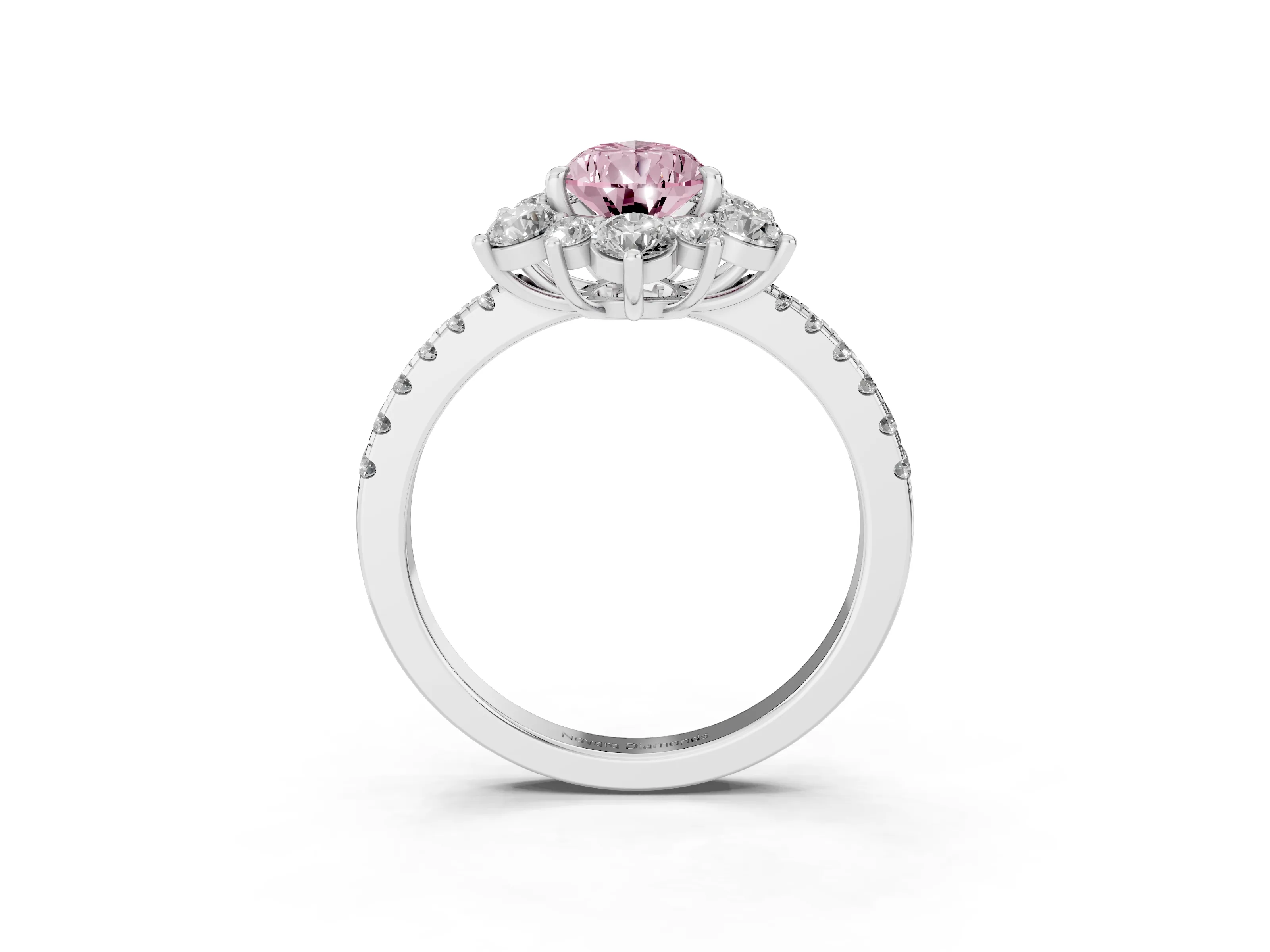 Fancy Pink Pear Cut Diamond Floral Halo Ring Set in White gold with Round Pavé Band and Prong Setting