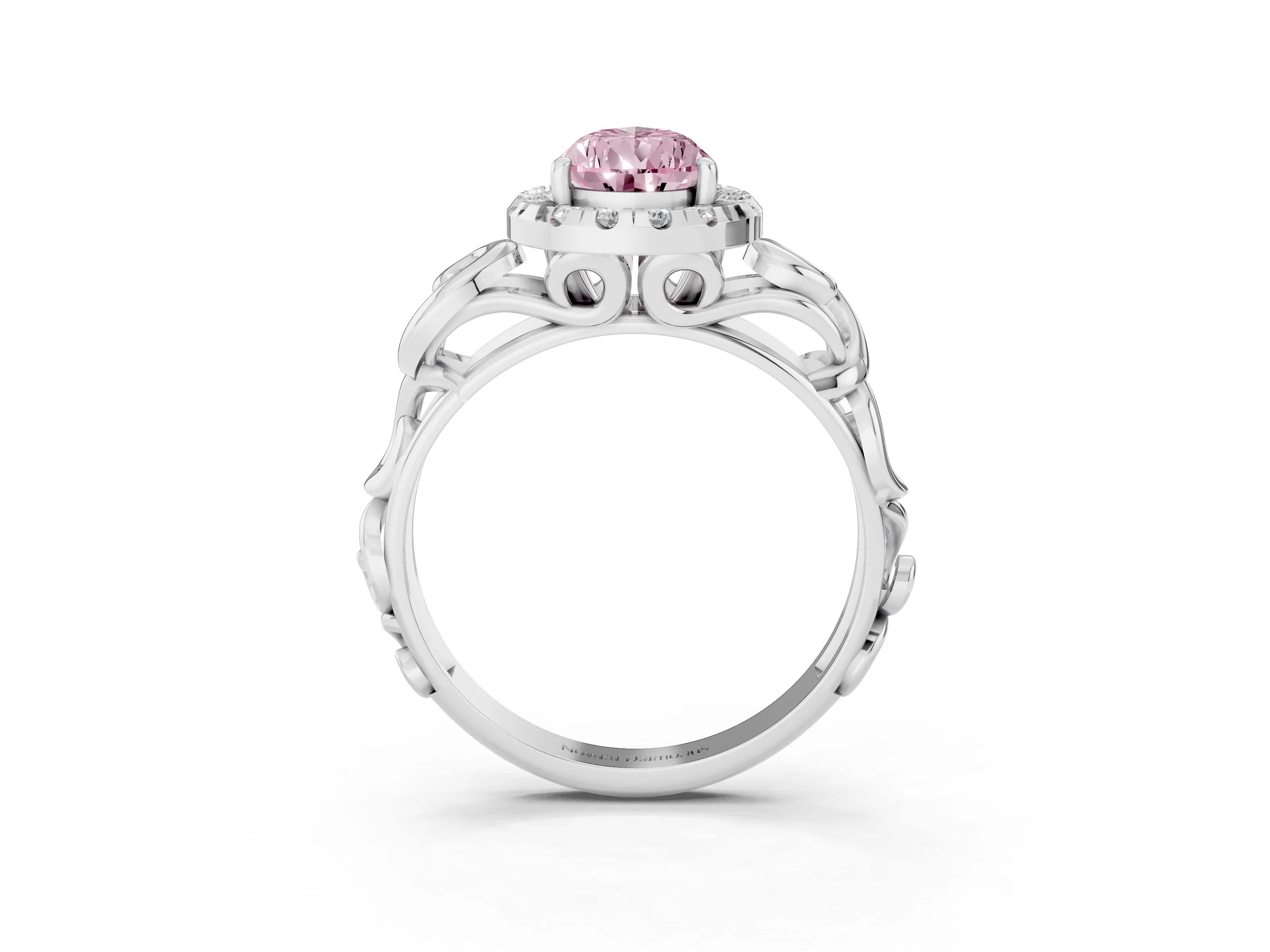 Fancy Pink Pear Cut Diamond Halo Ring Set in Platinum with Scrollwork Band and Prong Setting