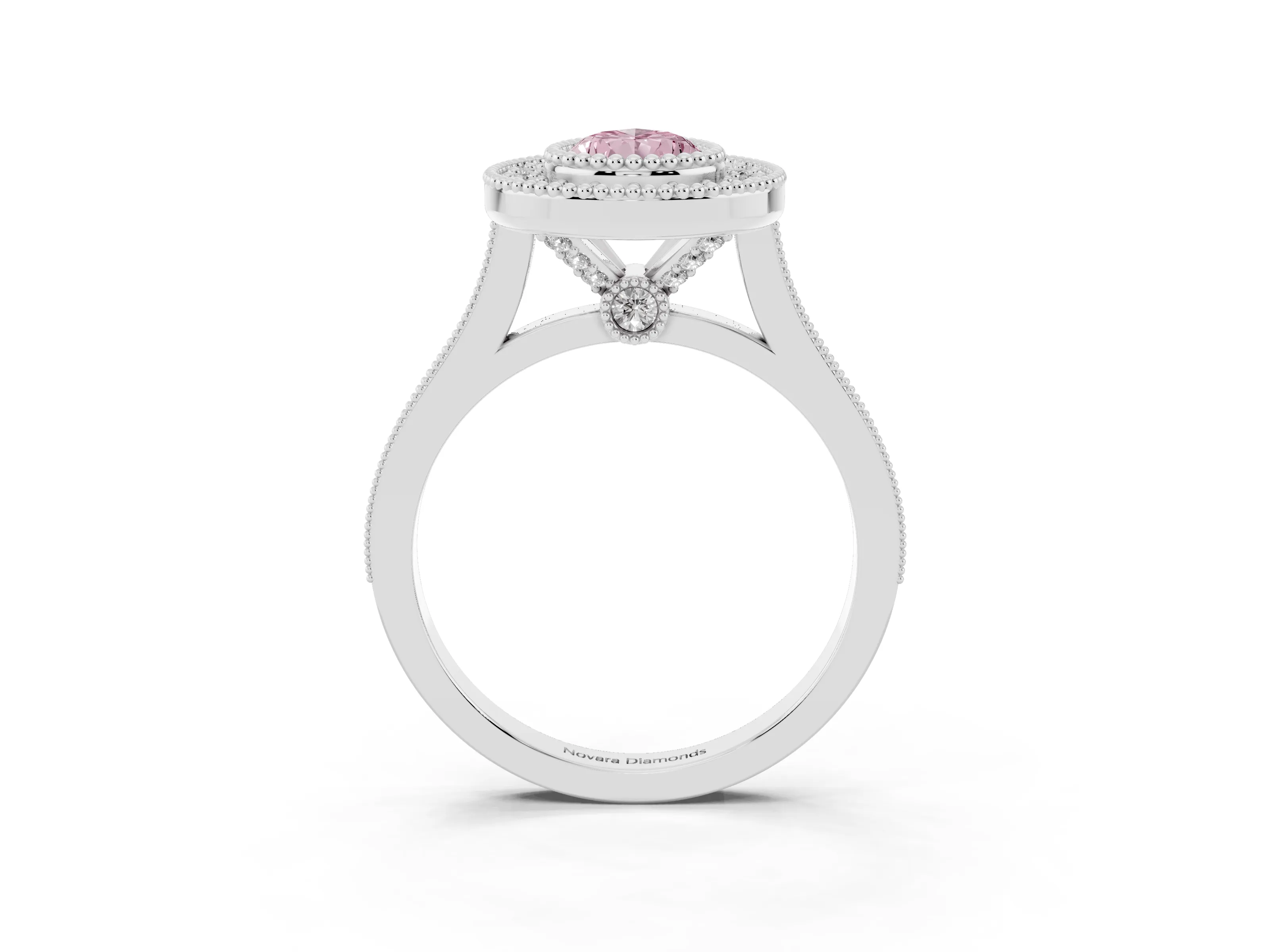 Fancy Pink Pear Cut Diamond Halo Ring Set in Silver with Milgrain Frame and Pavé Band