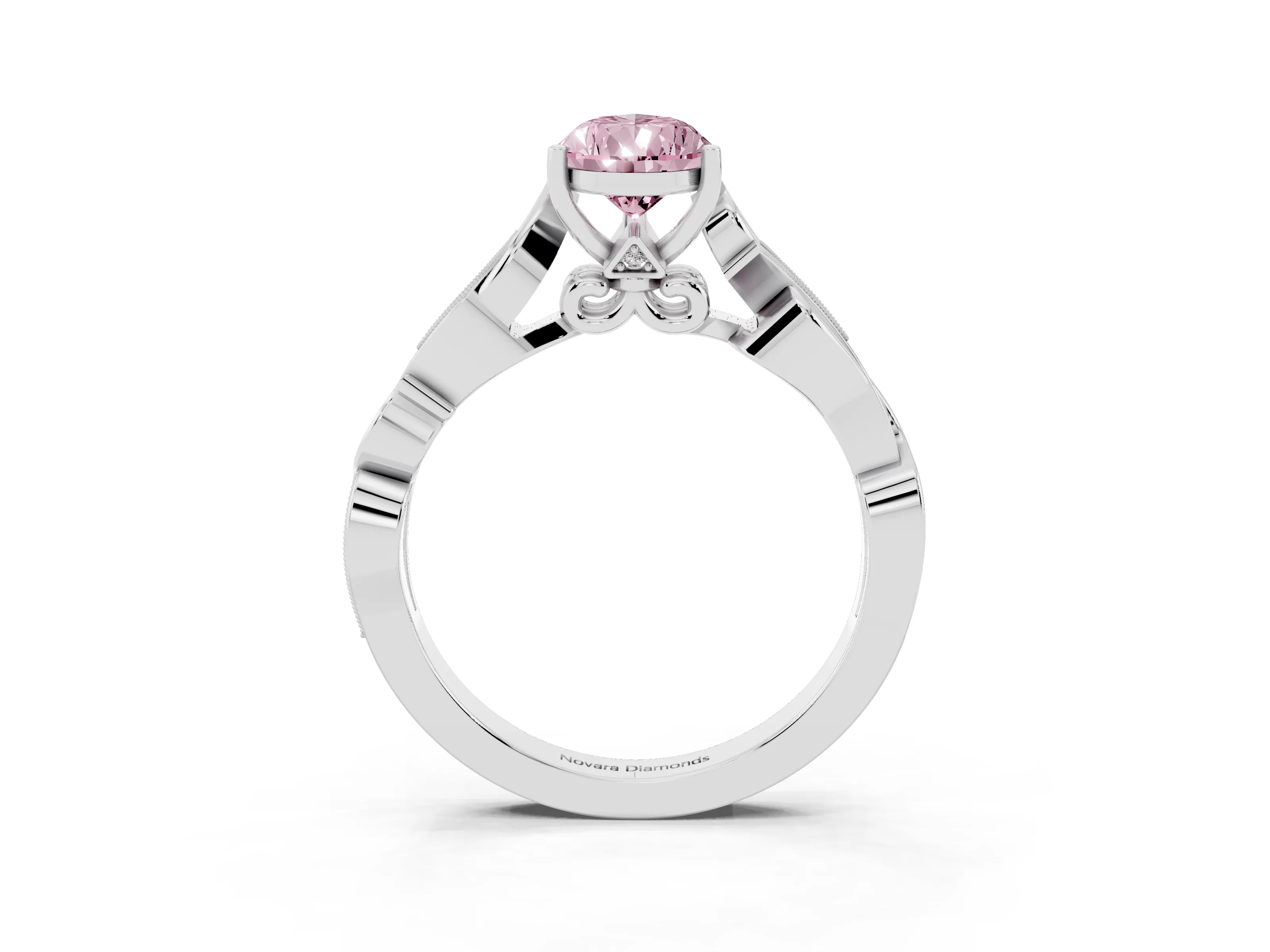 Fancy Pink Pear Cut Diamond Vine Band Solitaire Ring Set in White gold with Milgrain Prong Setting