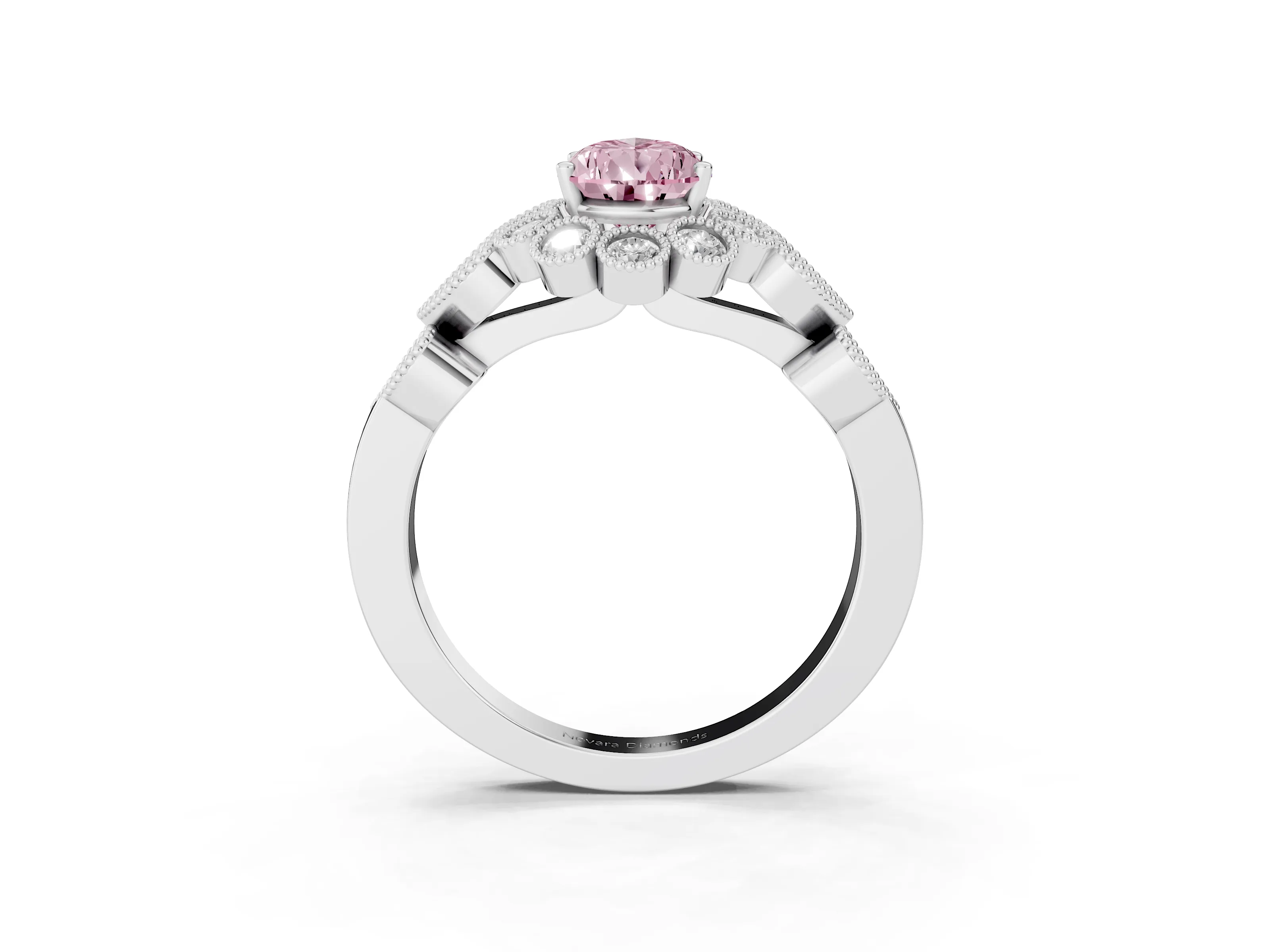 Fancy Pink Pear Cut Diamond Solitaire Ring Set in White gold with Milgrain Pavé Heart Band