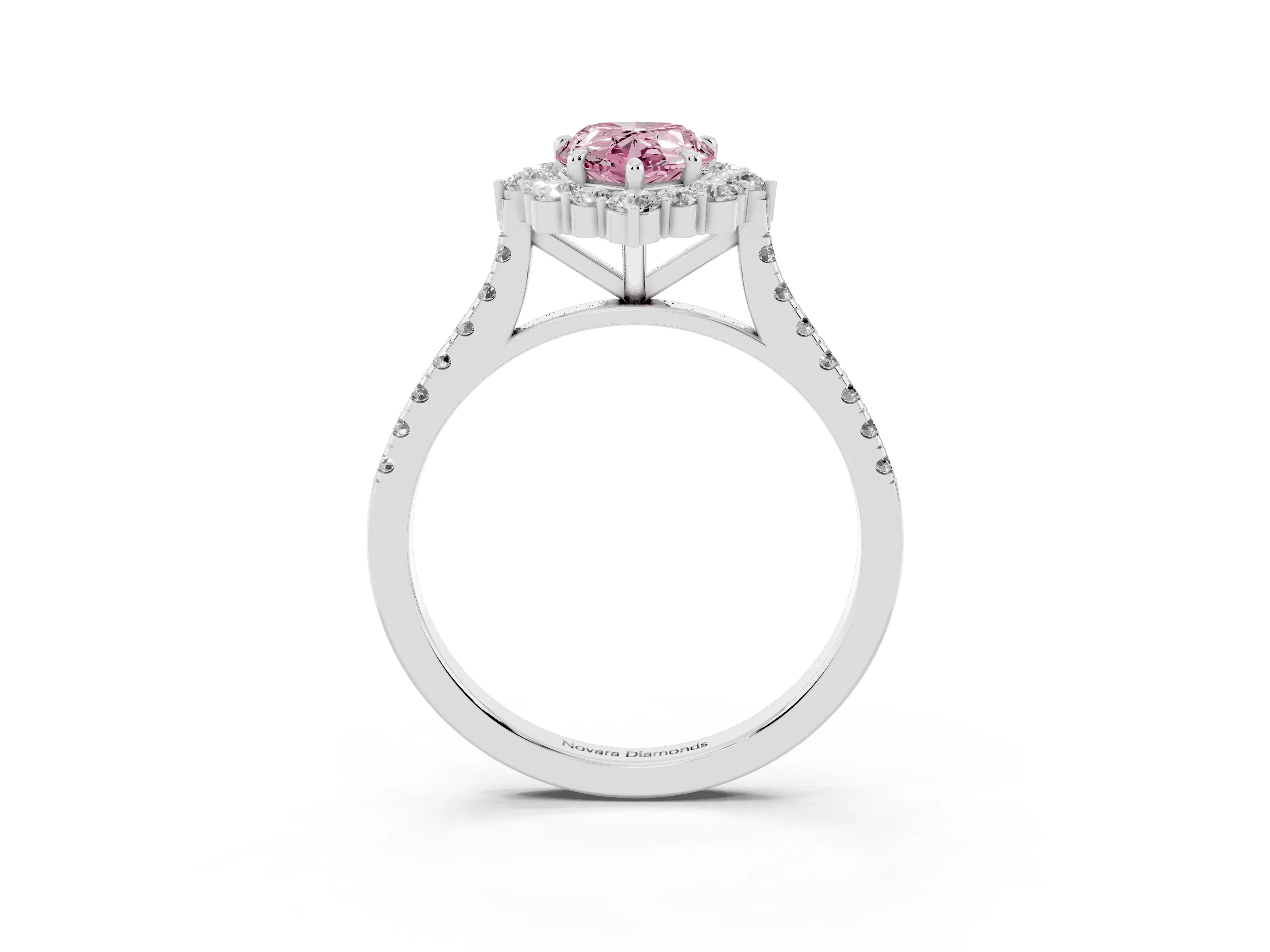 Fancy Pink Pear Cut Diamond Halo Ring Set in White gold with Pavé Band and Prong Setting