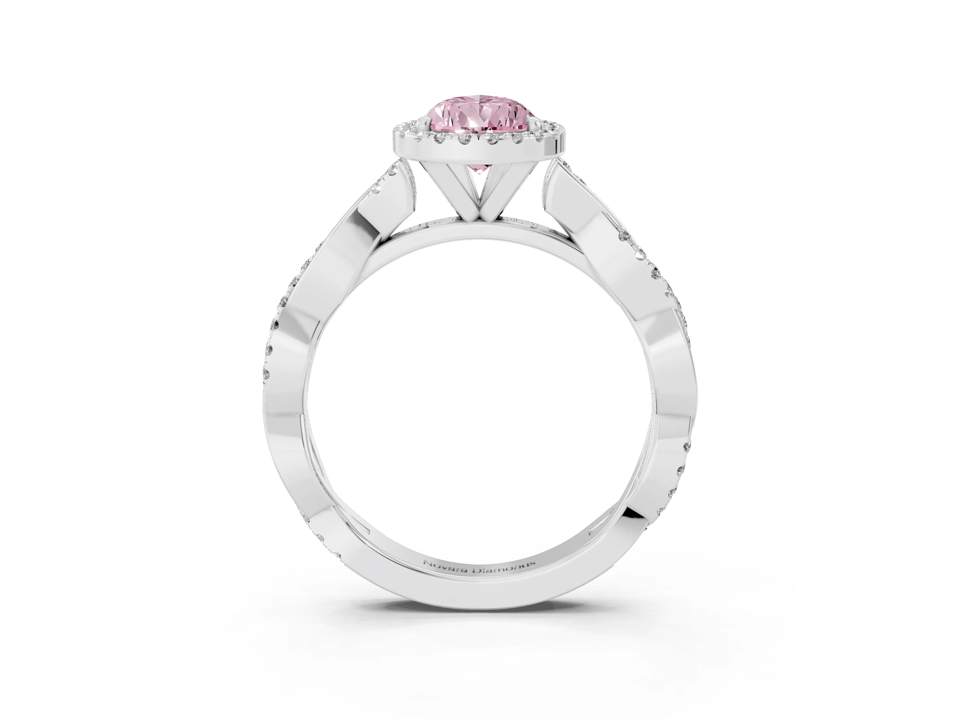 Fancy Pink Pear Cut Diamond Halo Twisted Band Ring Set in Platinum with Prong Setting