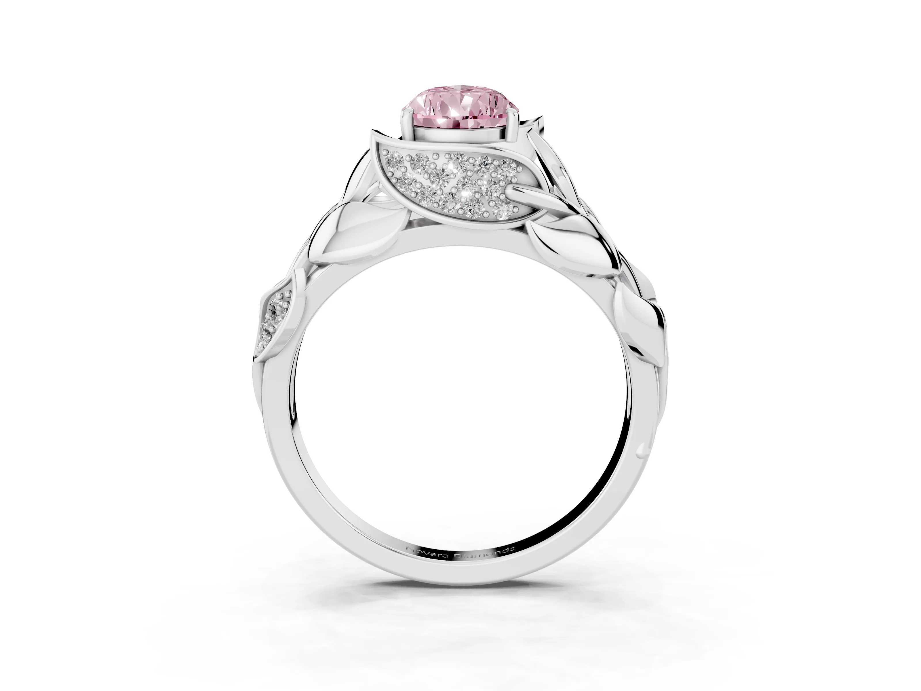 Fancy Pink Pear Cut Diamond Leaf-Inspired Engagement Ring Set in Silver with Round Accents