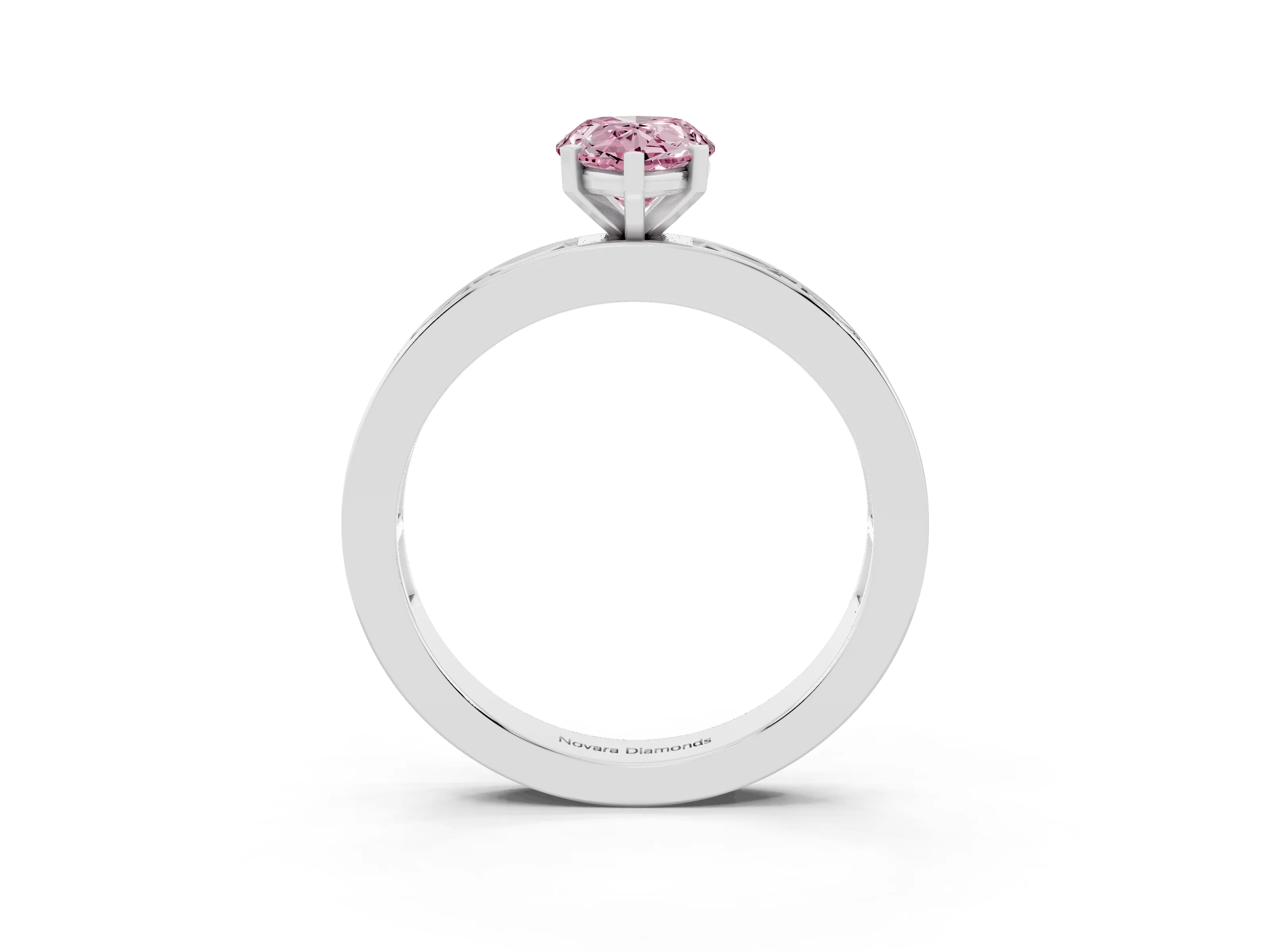 Fancy Pink Pear Cut Diamond Solitaire Ring Set in Silver with Channel-Set Baguette Band and Prong Setting