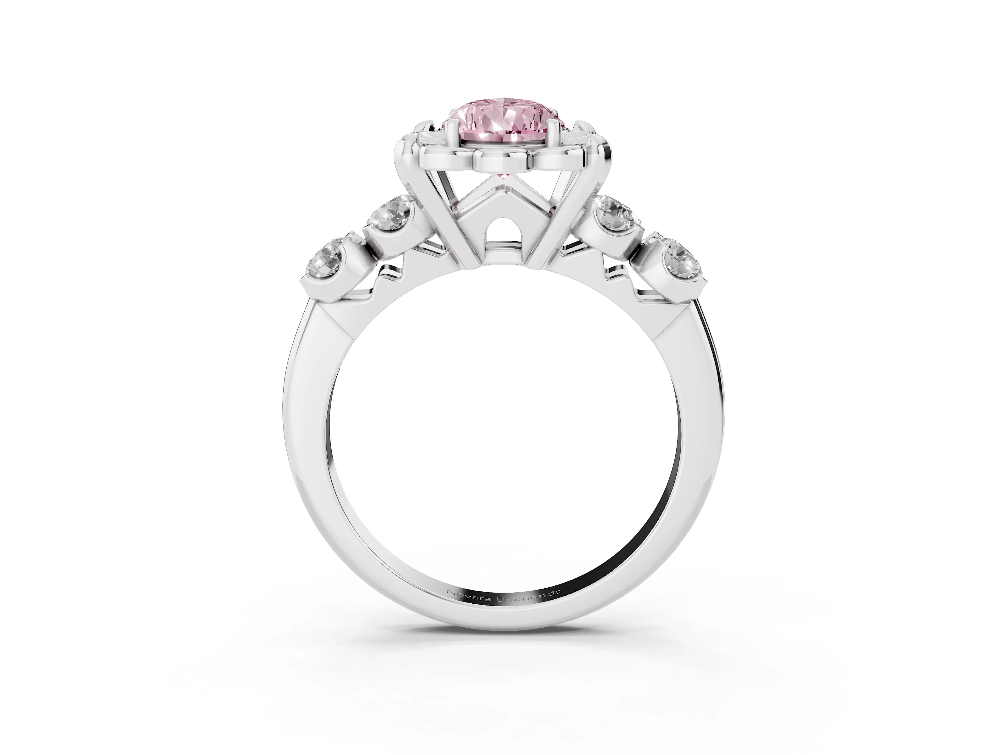 Fancy Pink Pear Cut Diamond Floral Halo Ring Set in White gold with Shared Prong Band