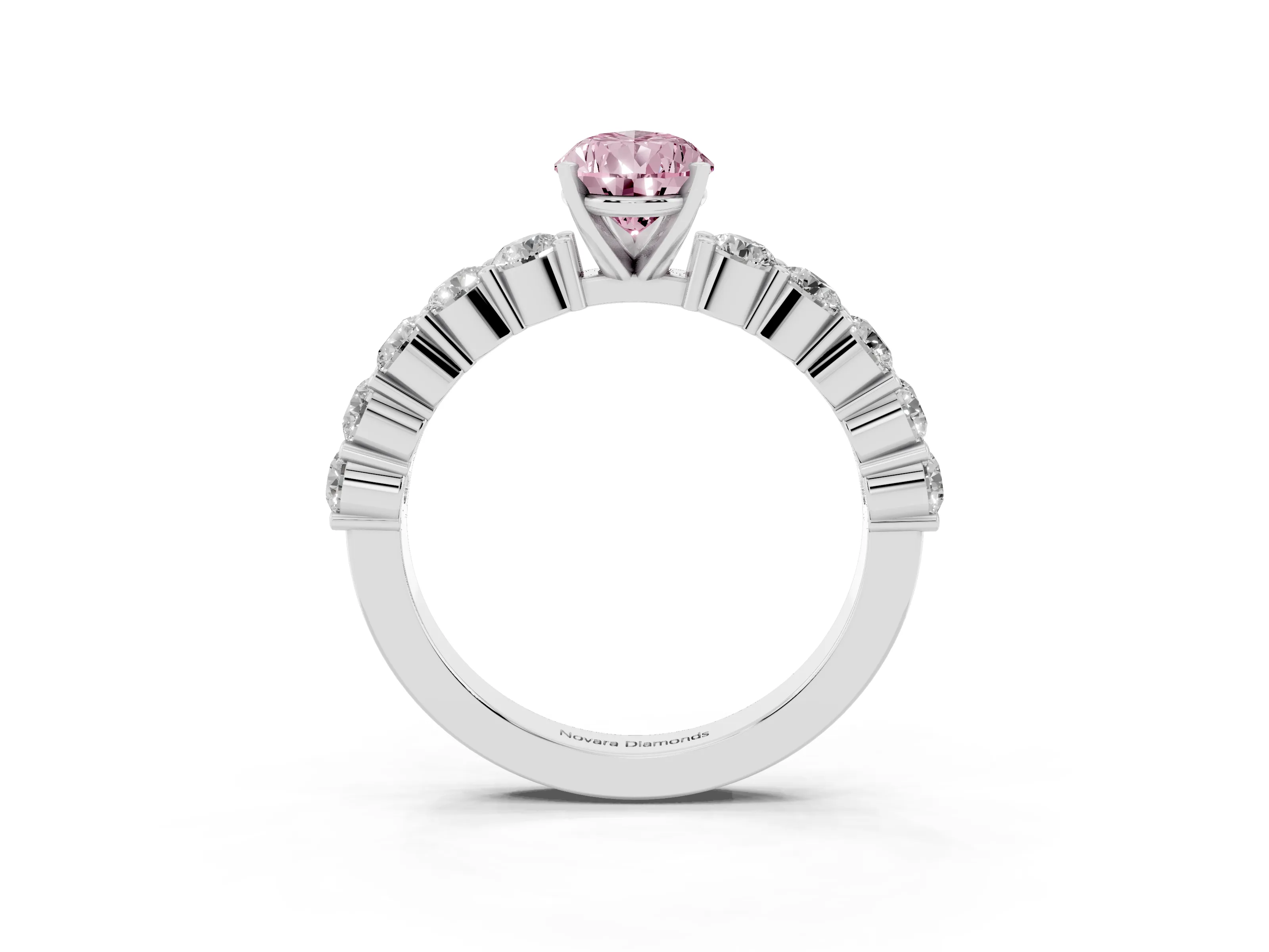 Fancy Pink Pear Cut Diamond Solitaire Ring Set in Silver with Shared Prong Round Side Stones
