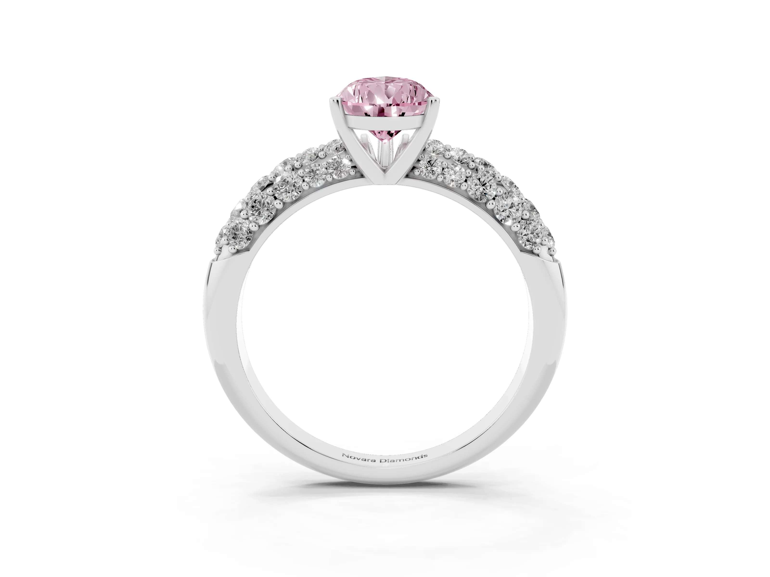 Fancy Pink Pear Cut Diamond Pavé Band Solitaire Ring Set in White gold with Close-Set Accent Stones and Prong Setting