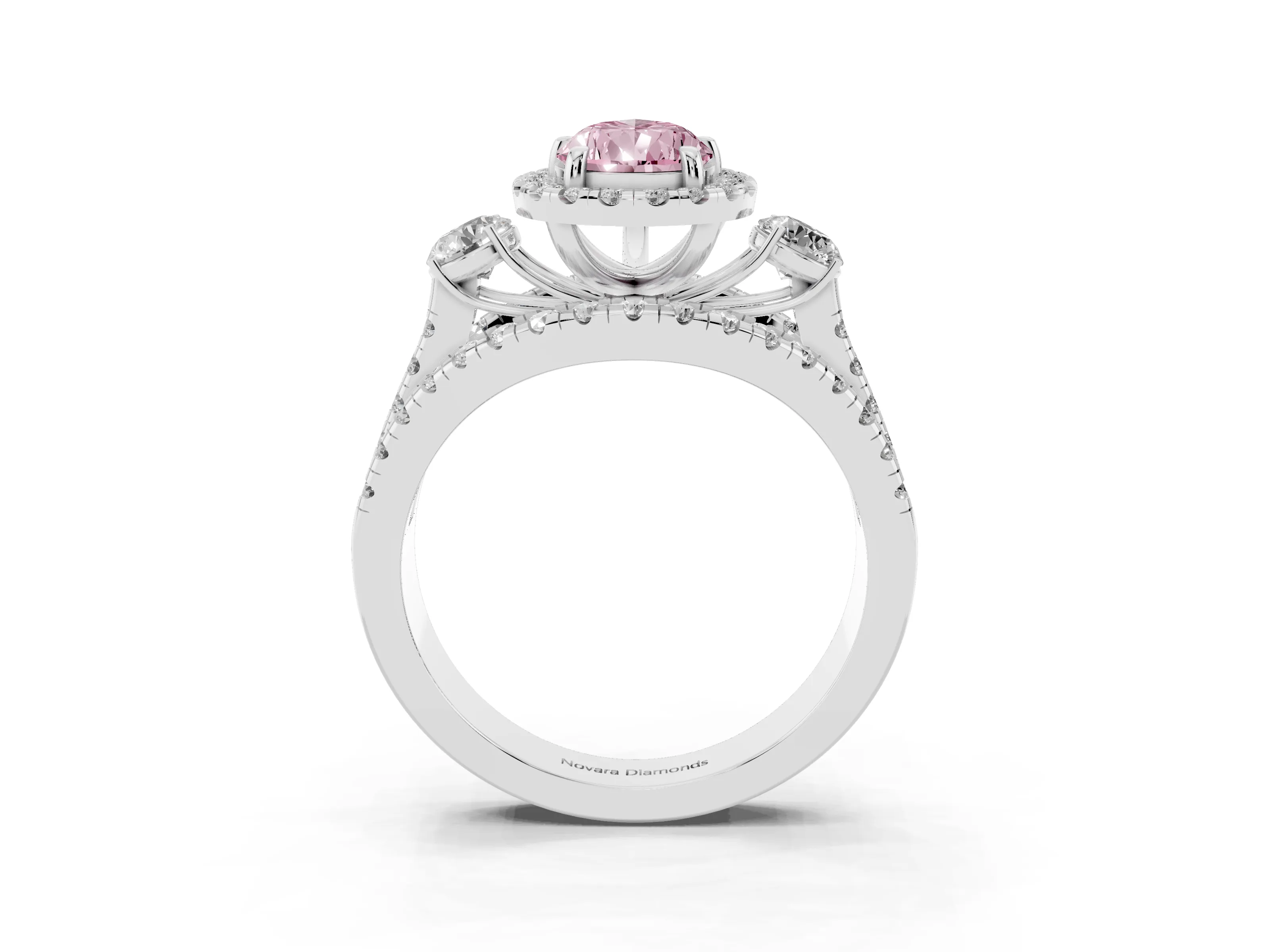 Fancy Pink Pear Cut Diamond Halo Split Shank Ring Set in White gold with Round Accent Stones and Prong Setting