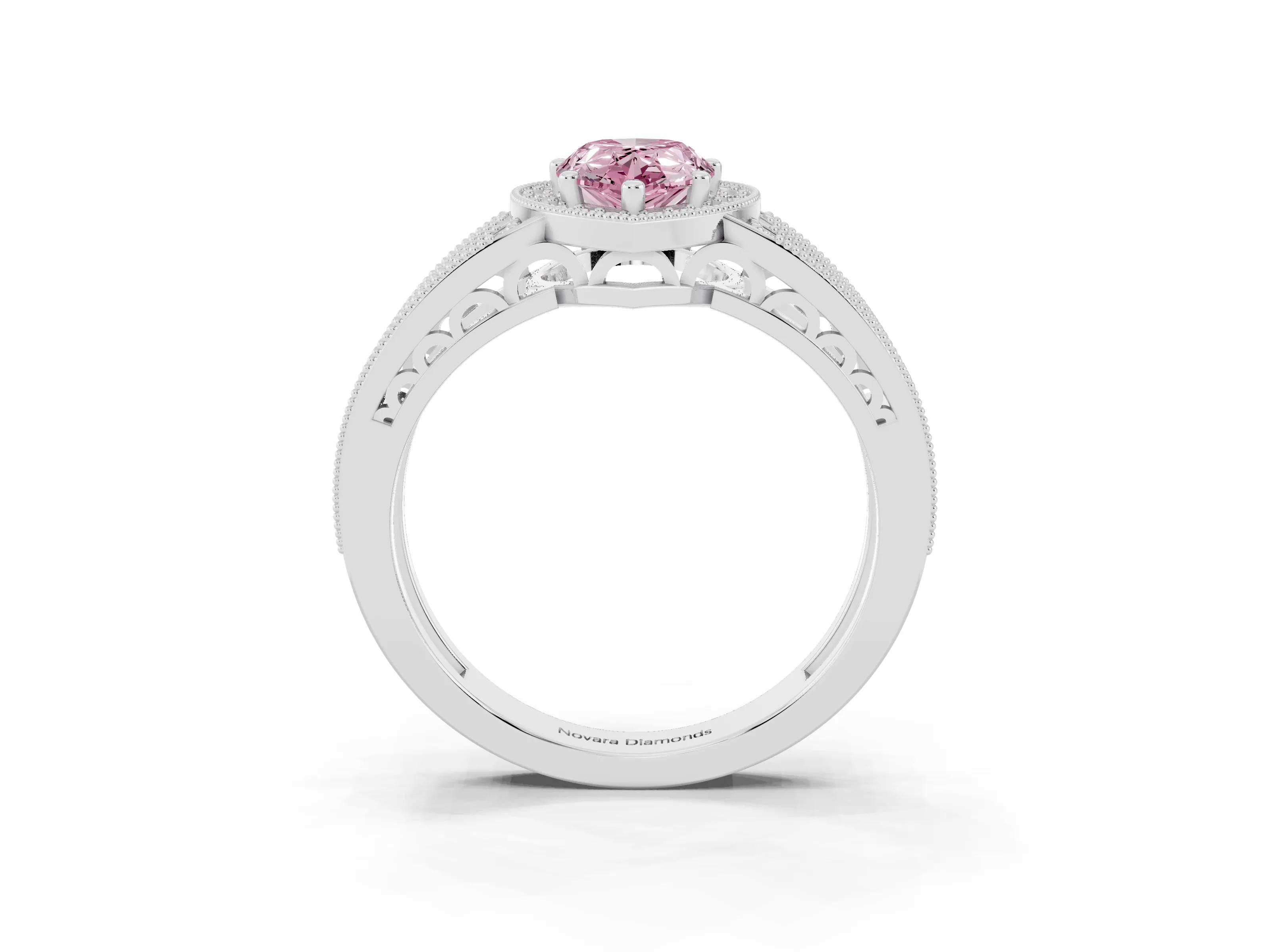 Fancy Pink Pear Cut Diamond Halo Ring Set in Platinum with Accent Split Shank and Prong Setting