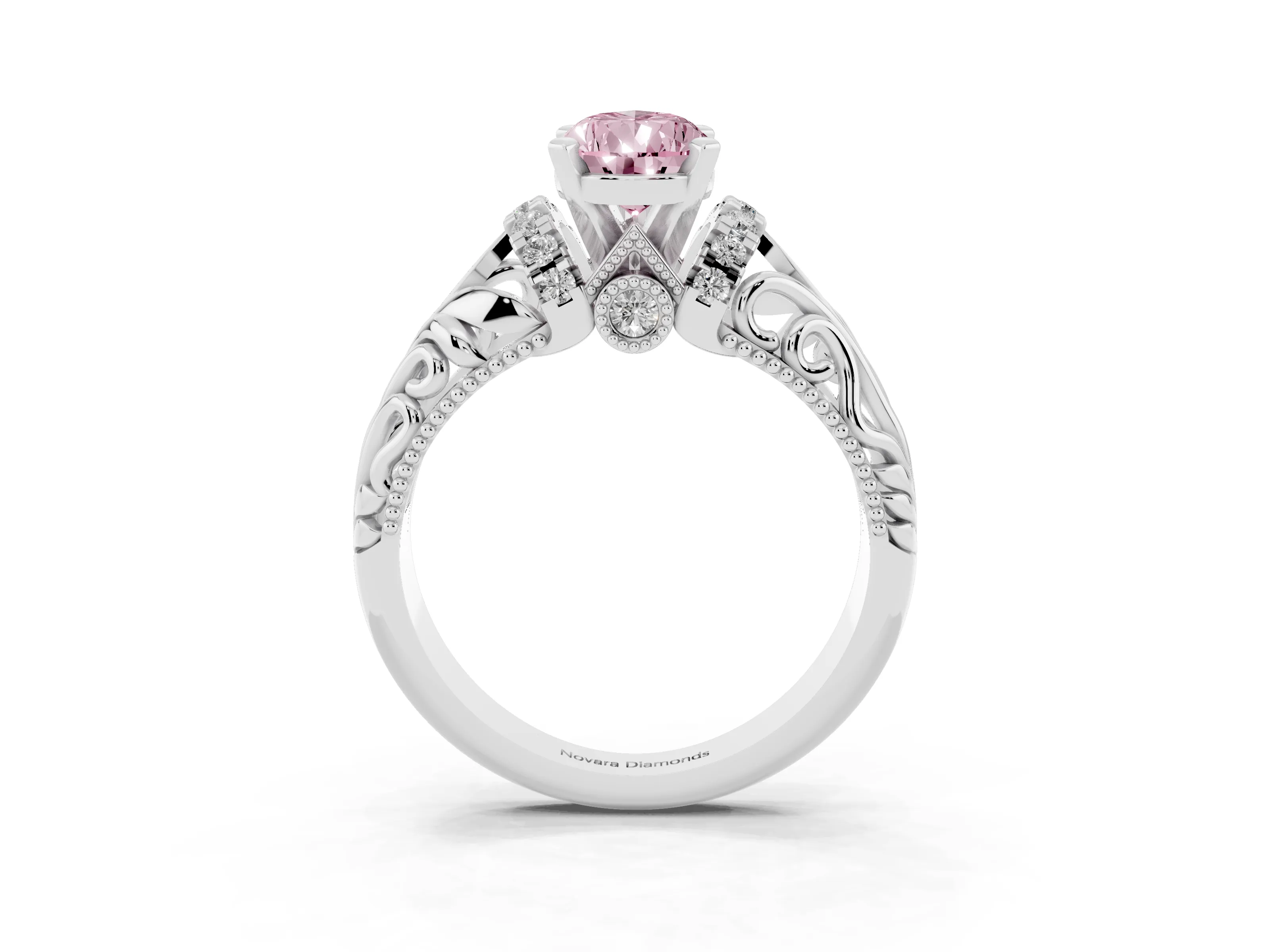 Fancy Pink Pear Cut Diamond Filigree Halo Engagement Ring Set in Silver with Prong Setting