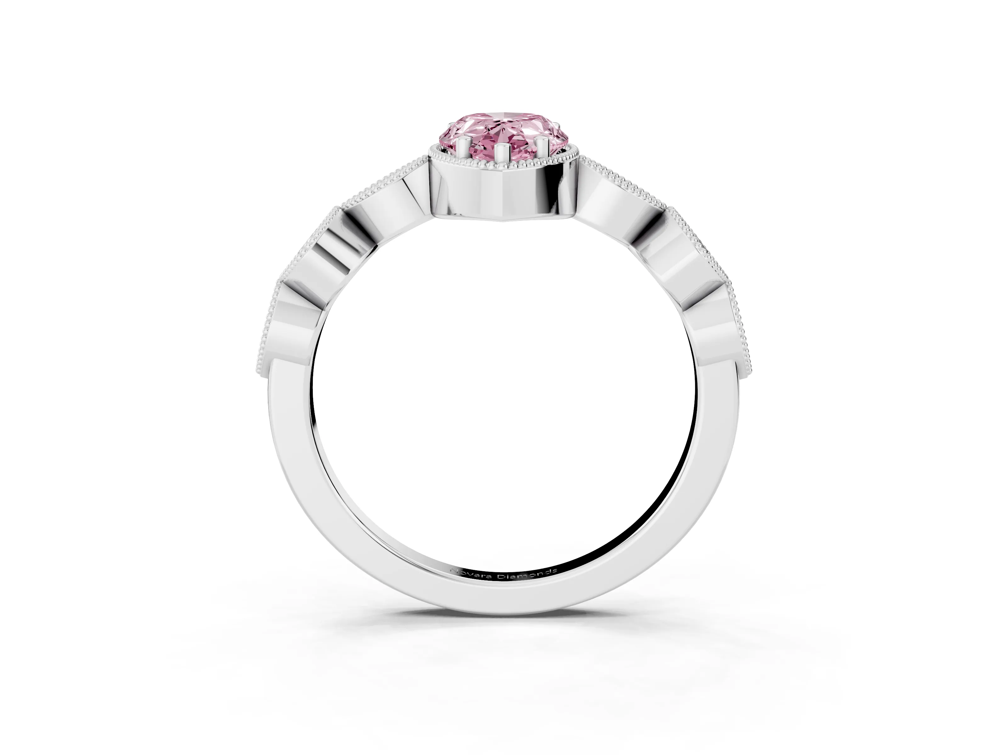 Fancy Pink Pear Cut Diamond Vintage-Inspired Milgrain Ring Set in Silver with Marquise Stations of Round Accents
