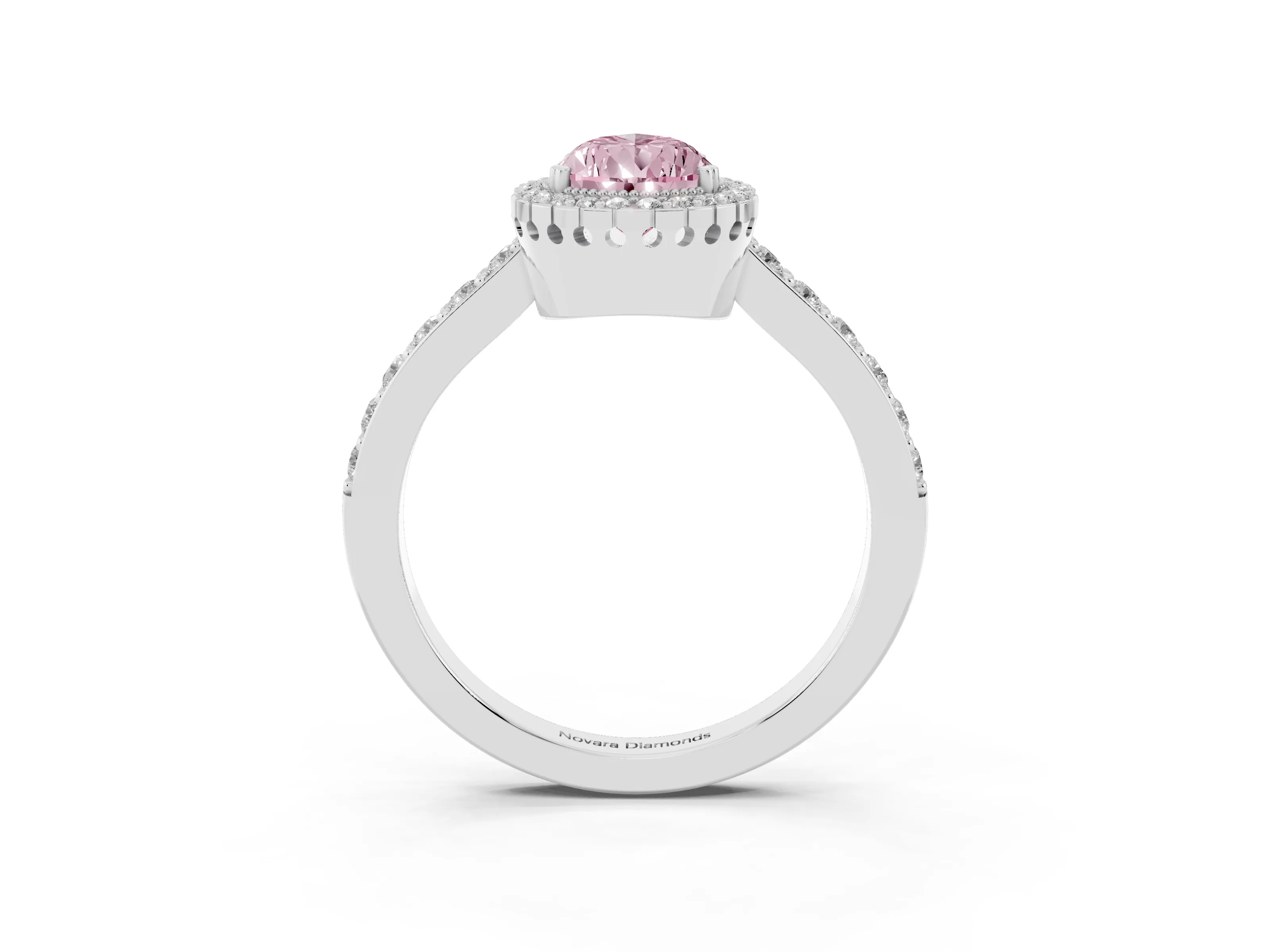 Fancy Pink Pear Cut Diamond Halo Engagement Ring Set in White gold with Milgrain Detail and Pavé Band