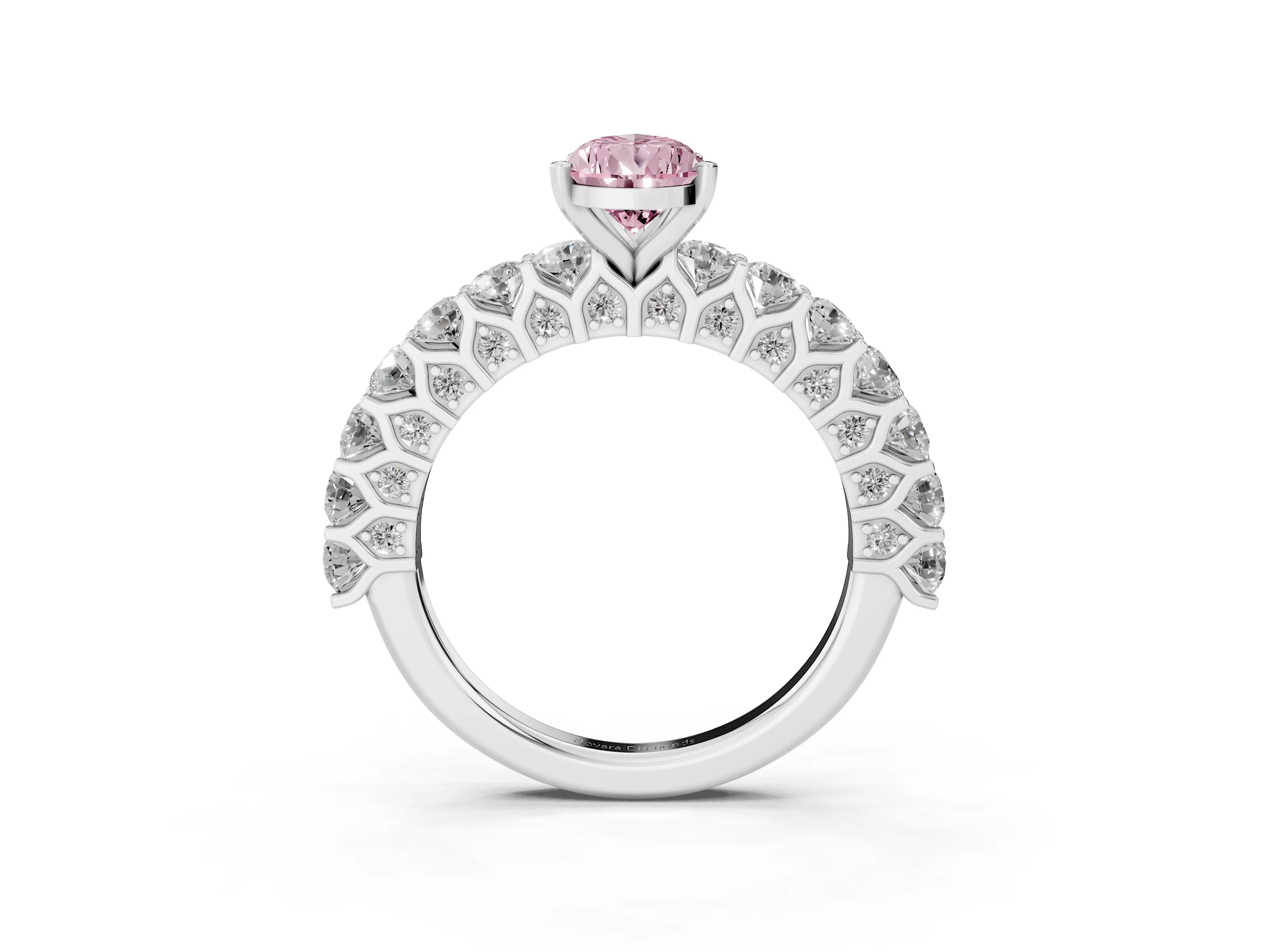 Fancy Pink Pear Cut Diamond Solitaire Ring Set in Silver with Shared Prong Pavé Band