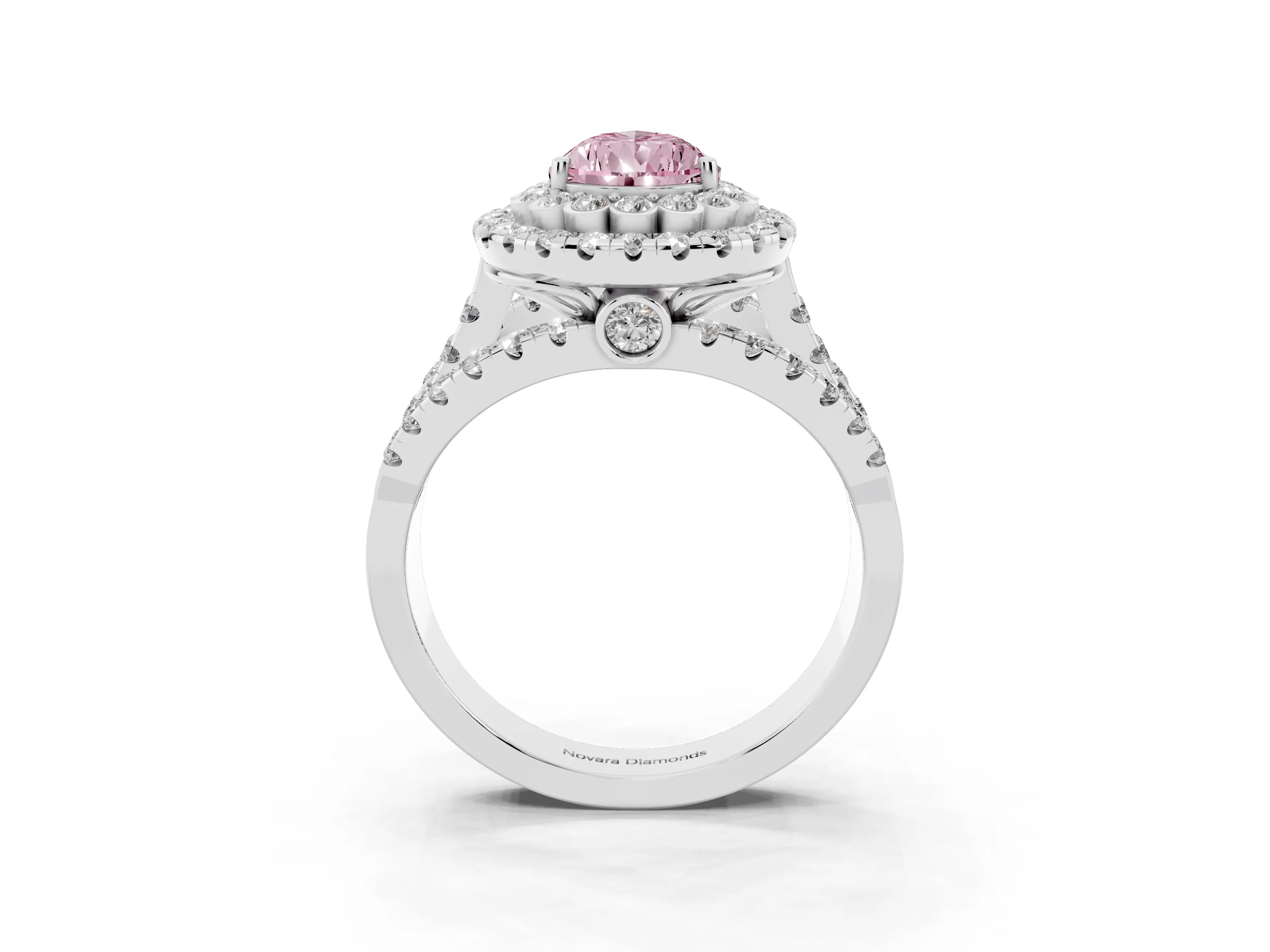 Fancy Pink Pear Cut Diamond Double Halo Ring Set in Silver with Round Pavé Split Shank