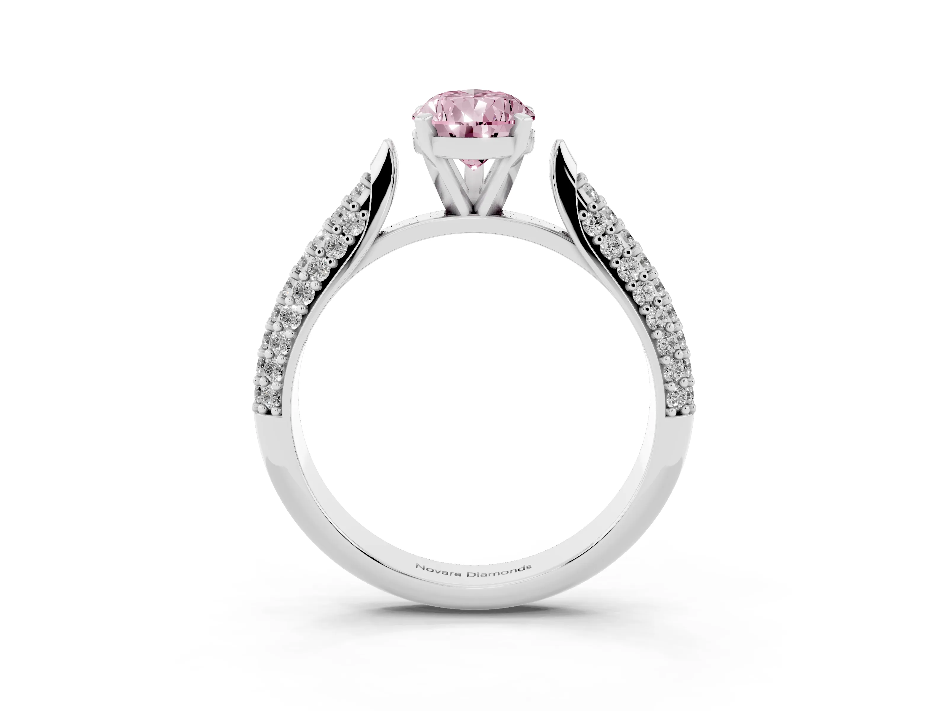 Fancy Pink Pear Cut Diamond Solitaire Engagement Ring Set in White gold with Multi-Row Round Pavé Band and Prong Setting