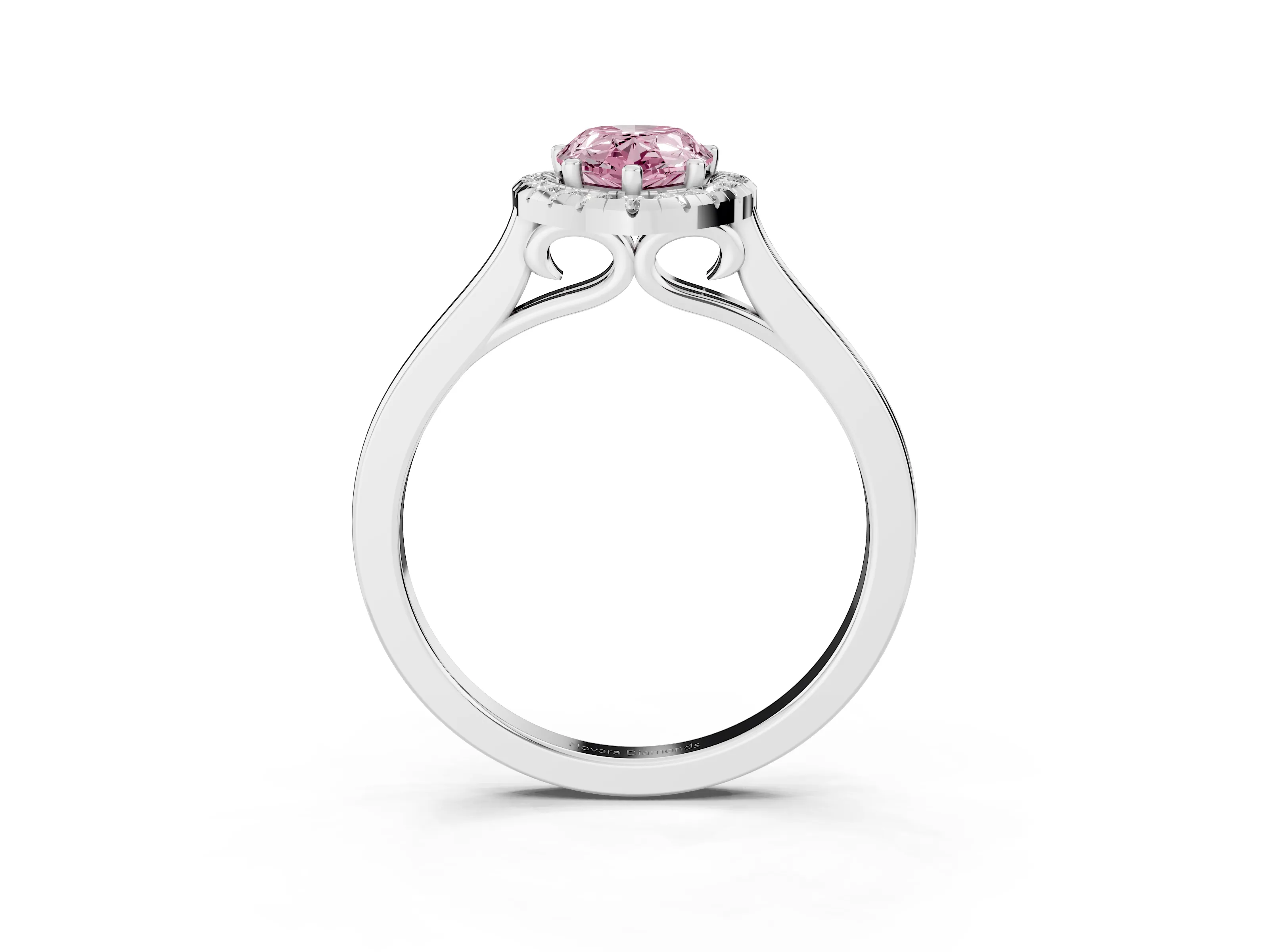 Fancy Pink Pear Cut Halo Round Diamond Solitaire Ring Set in Platinum with Pavé Band and Prong Setting