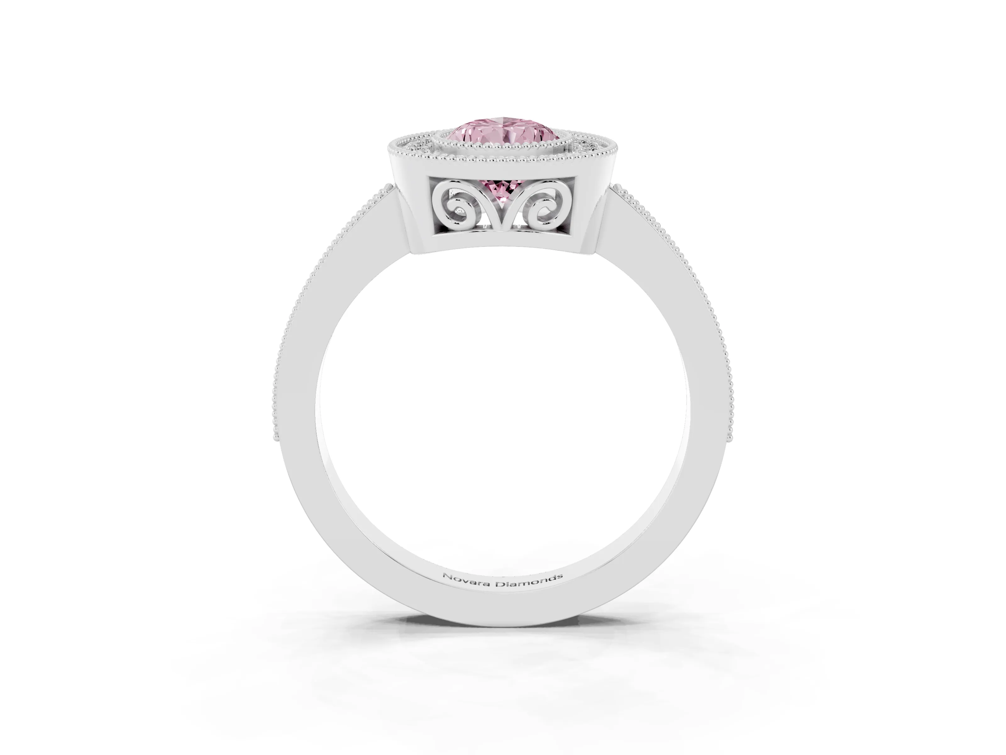 Fancy Pink Pear Cut Diamond Halo Ring Set in Platinum with Pavé Band and Milgrain-Edged Prongs