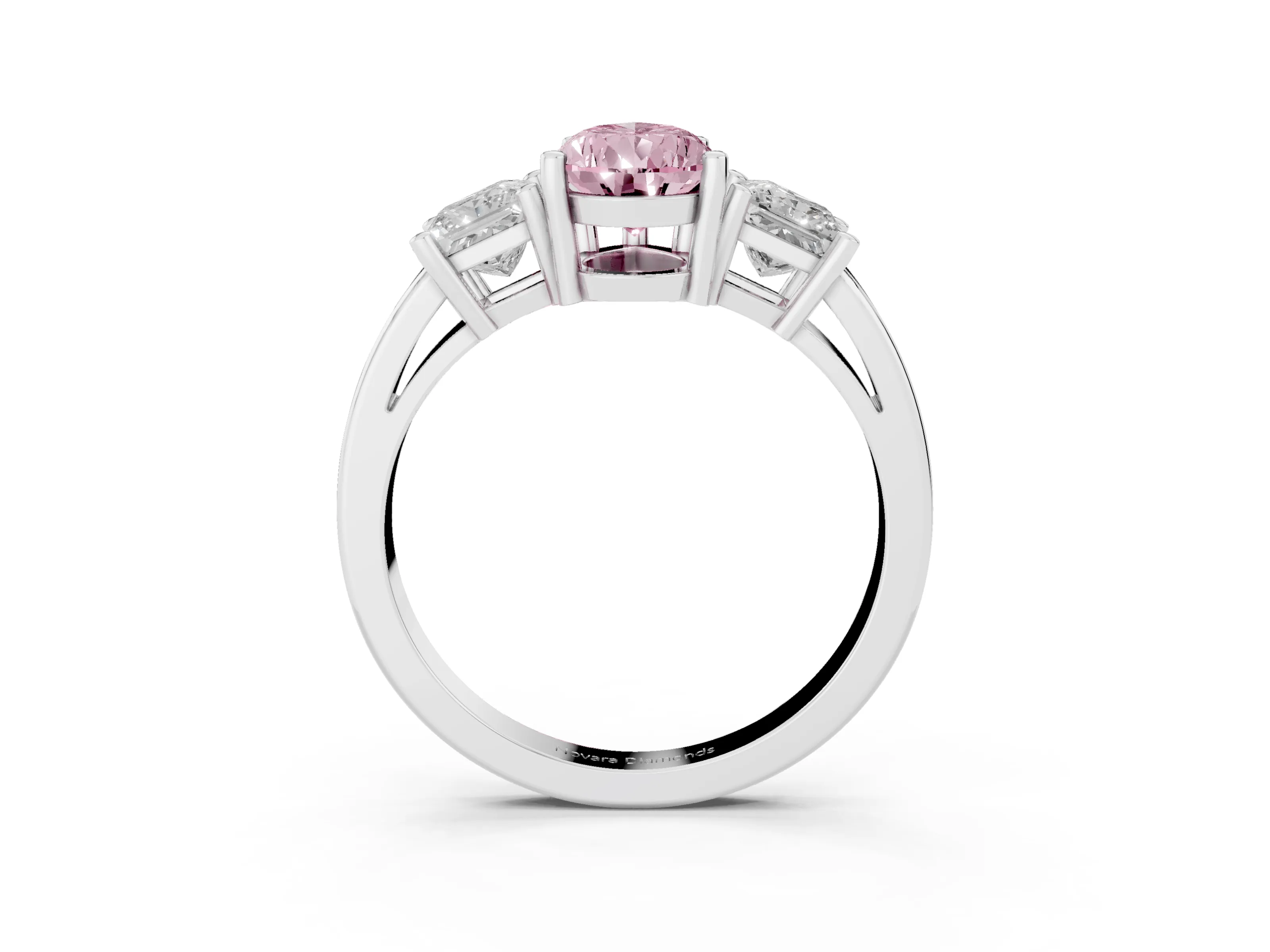Fancy Pink Three-Stone Pear Cut Diamond Solitaire Ring Set in Platinum with Prong Setting