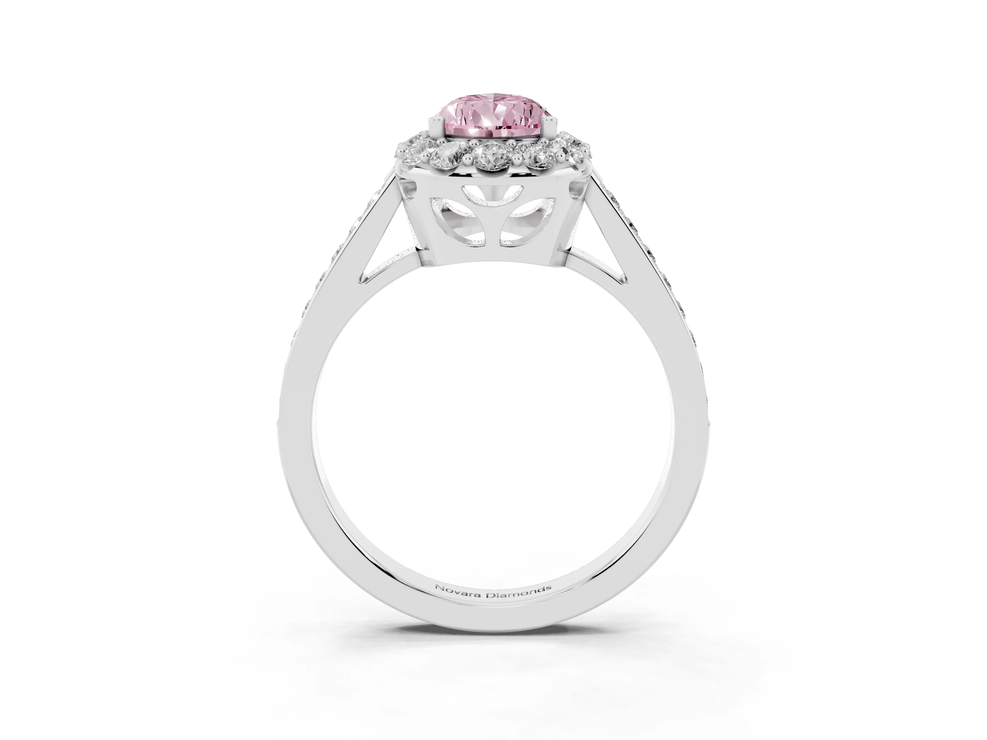 Fancy Pink Pear Cut Diamond Floral Halo Ring Set in Platinum with Pavé Band and Prong Setting