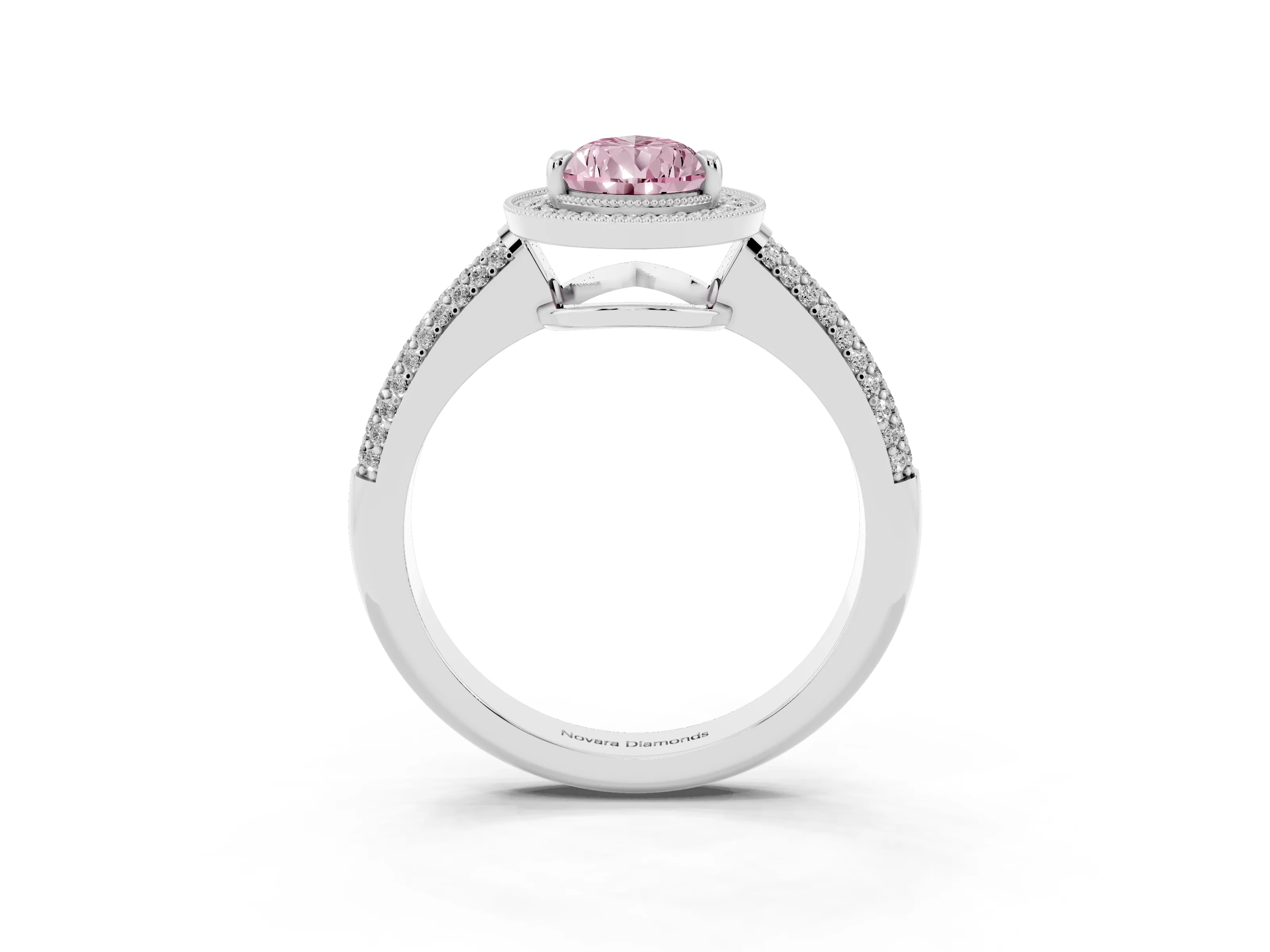 Fancy Pink Pear Cut Diamond Halo Pavé Band Set in White gold with Prong Setting
