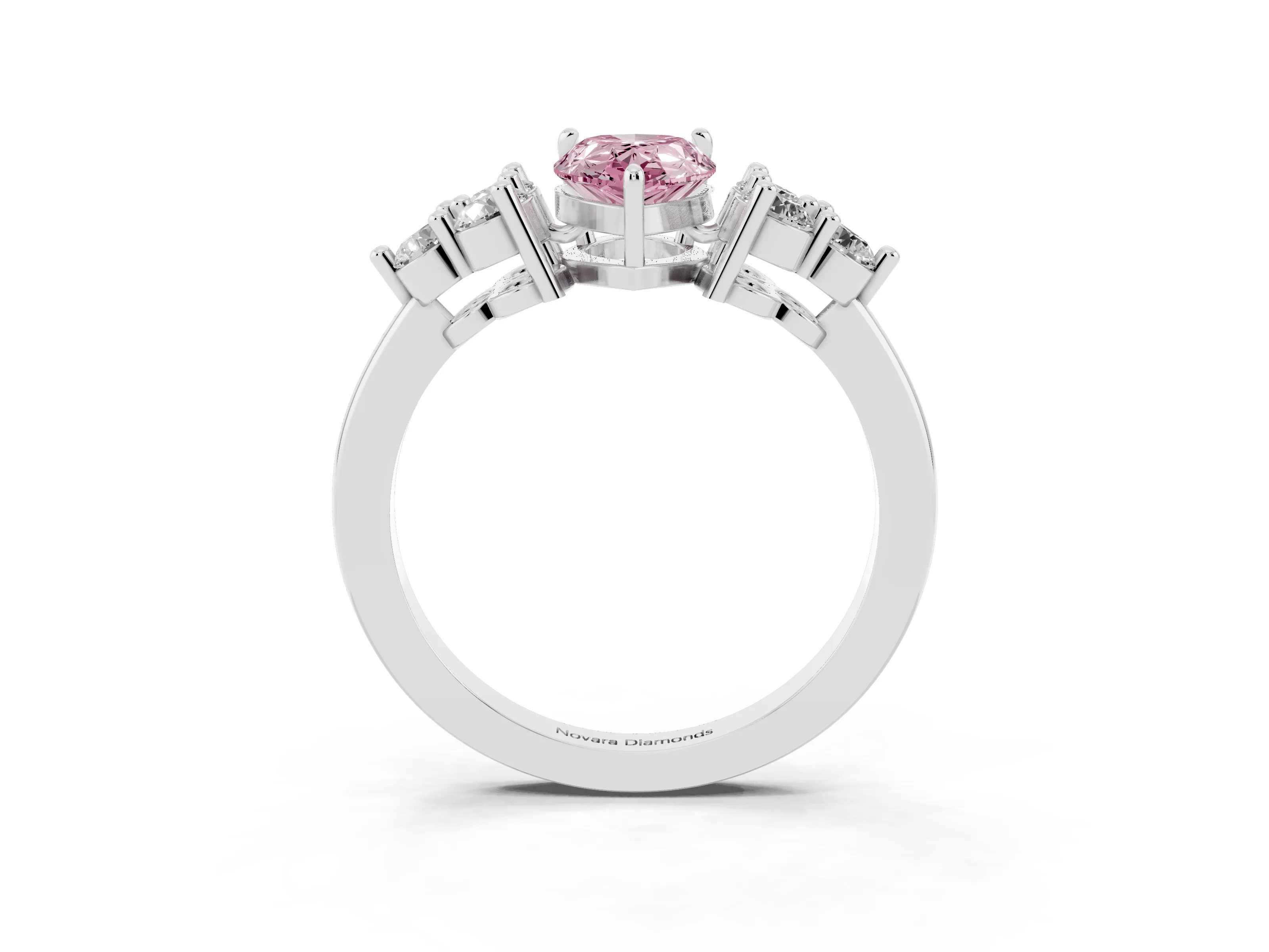 Fancy Pink Pear Cut Diamond Solitaire Ring Set in Silver with Cluster Accents on Each Side
