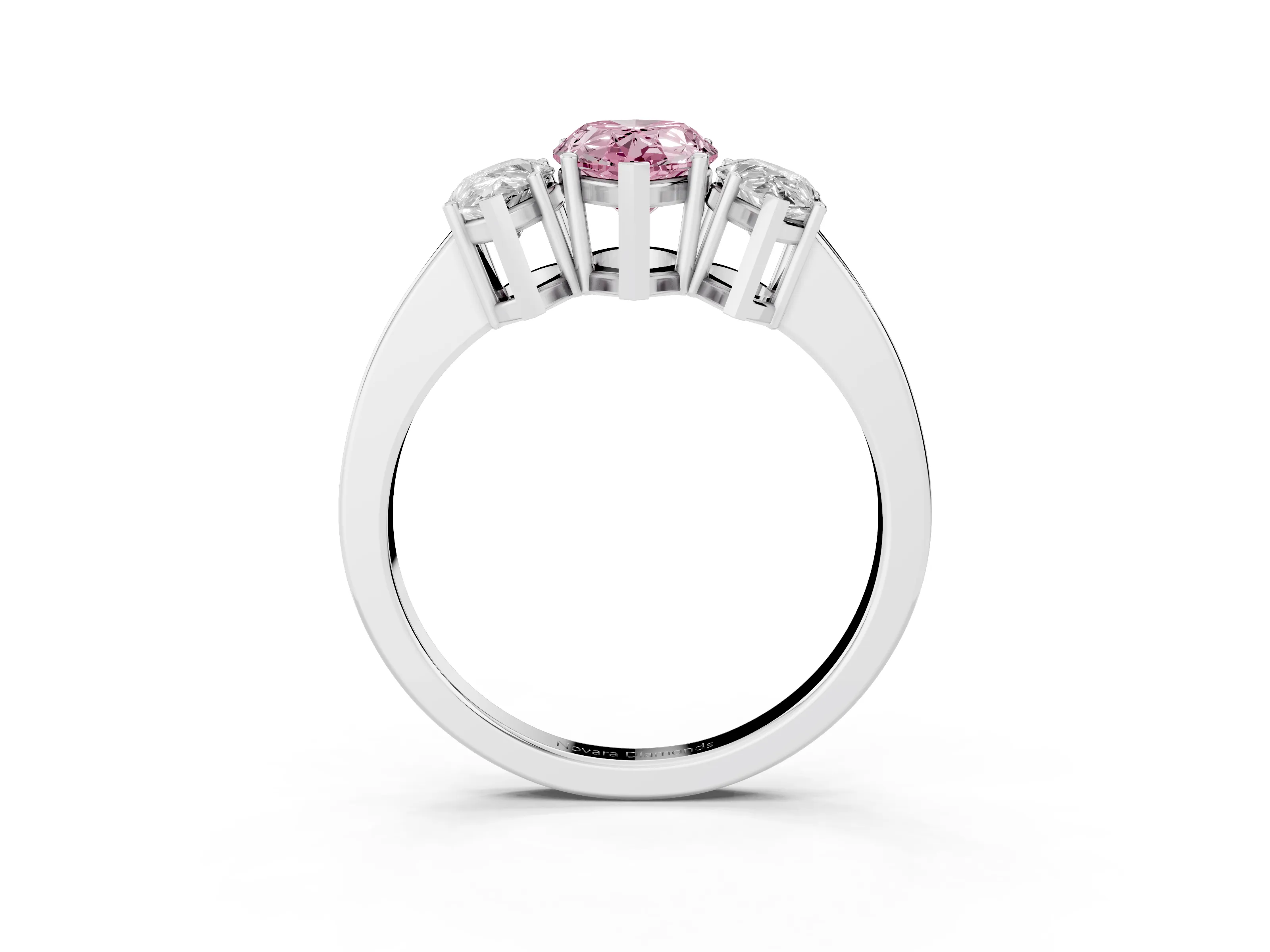 Fancy Pink Pear Cut Diamond Three-Stone Engagement Ring Set in Silver with Flat Band