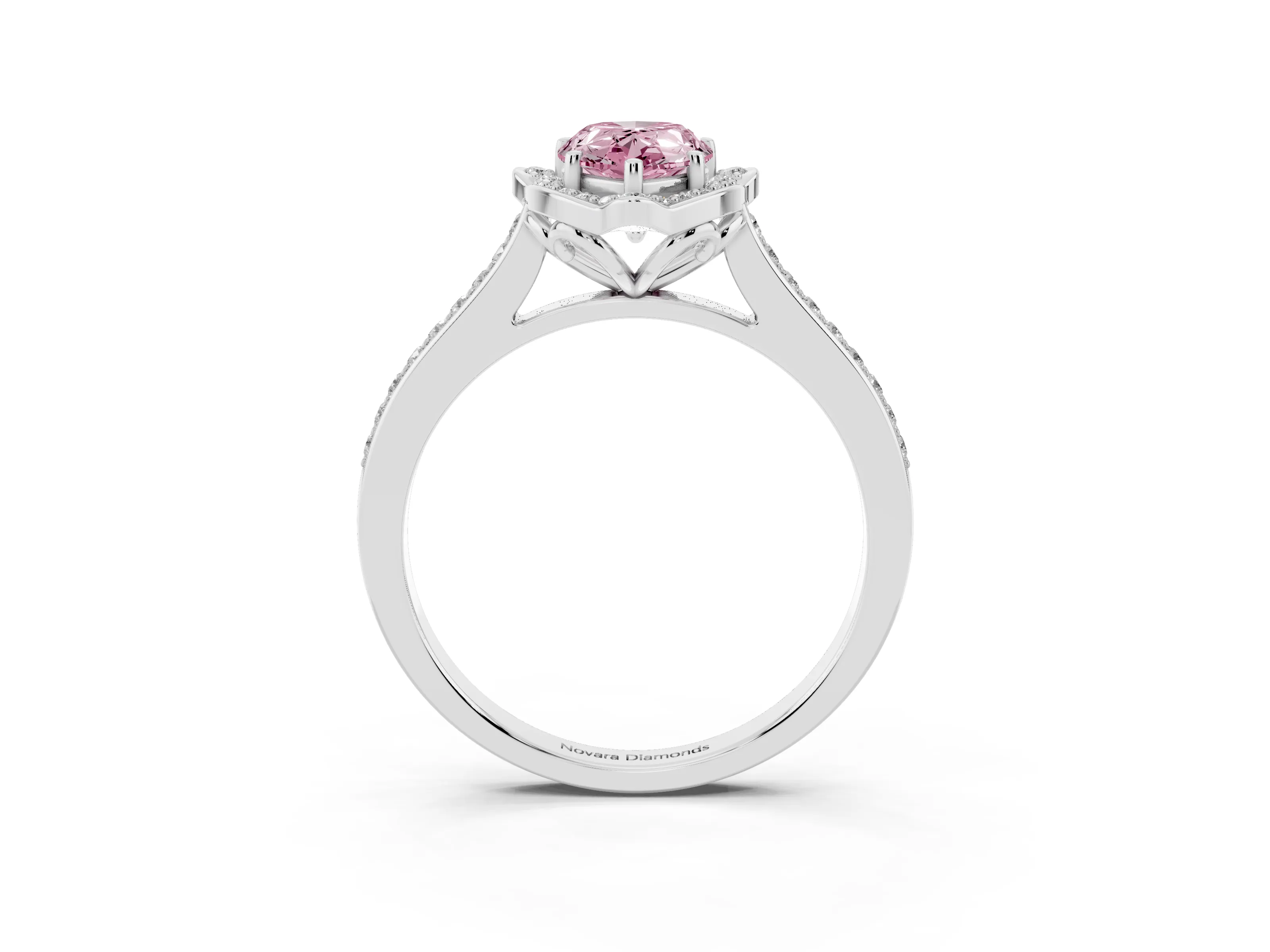 Fancy Pink Pear Cut Diamond Halo Ring Set in White gold with Pavé-Lined Shoulders and Prong Setting