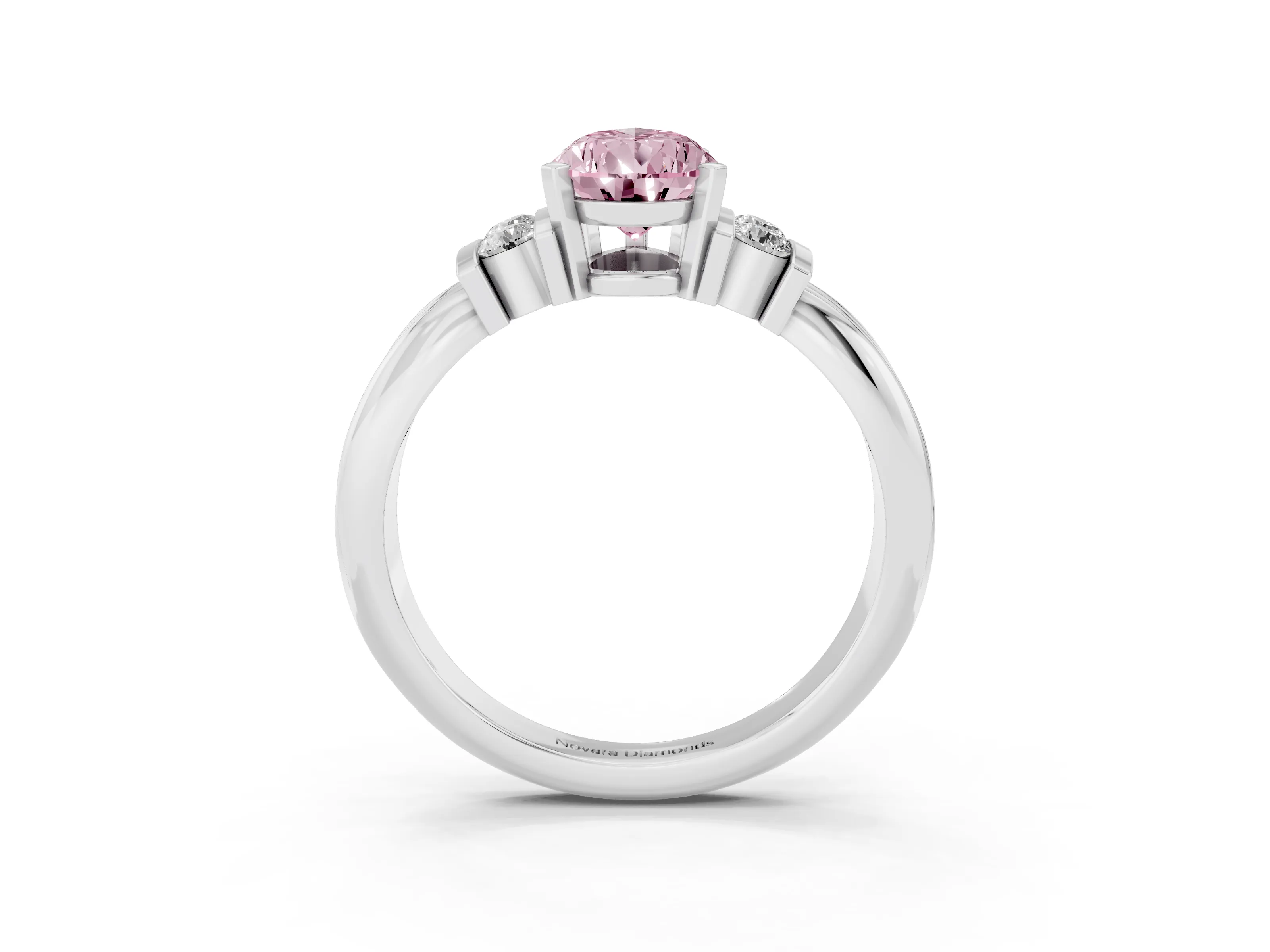 Fancy Pink Three-Stone Pear Cut Diamond Channel Set Ring Set in White gold with Bar Prongs