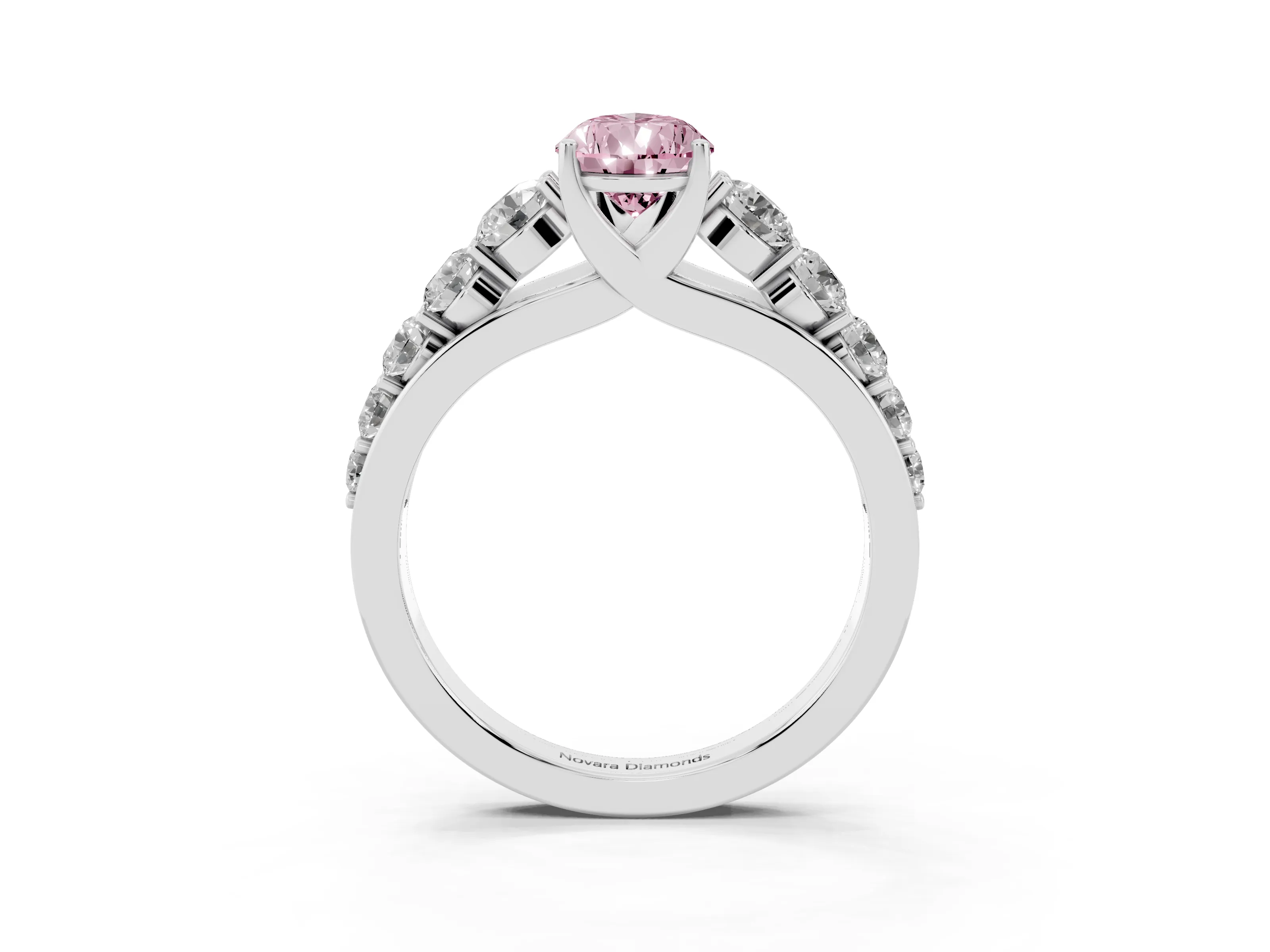 Fancy Pink Pear Cut Diamond Solitaire Ring Set in Silver with Pavé-Set Band and Prong Setting