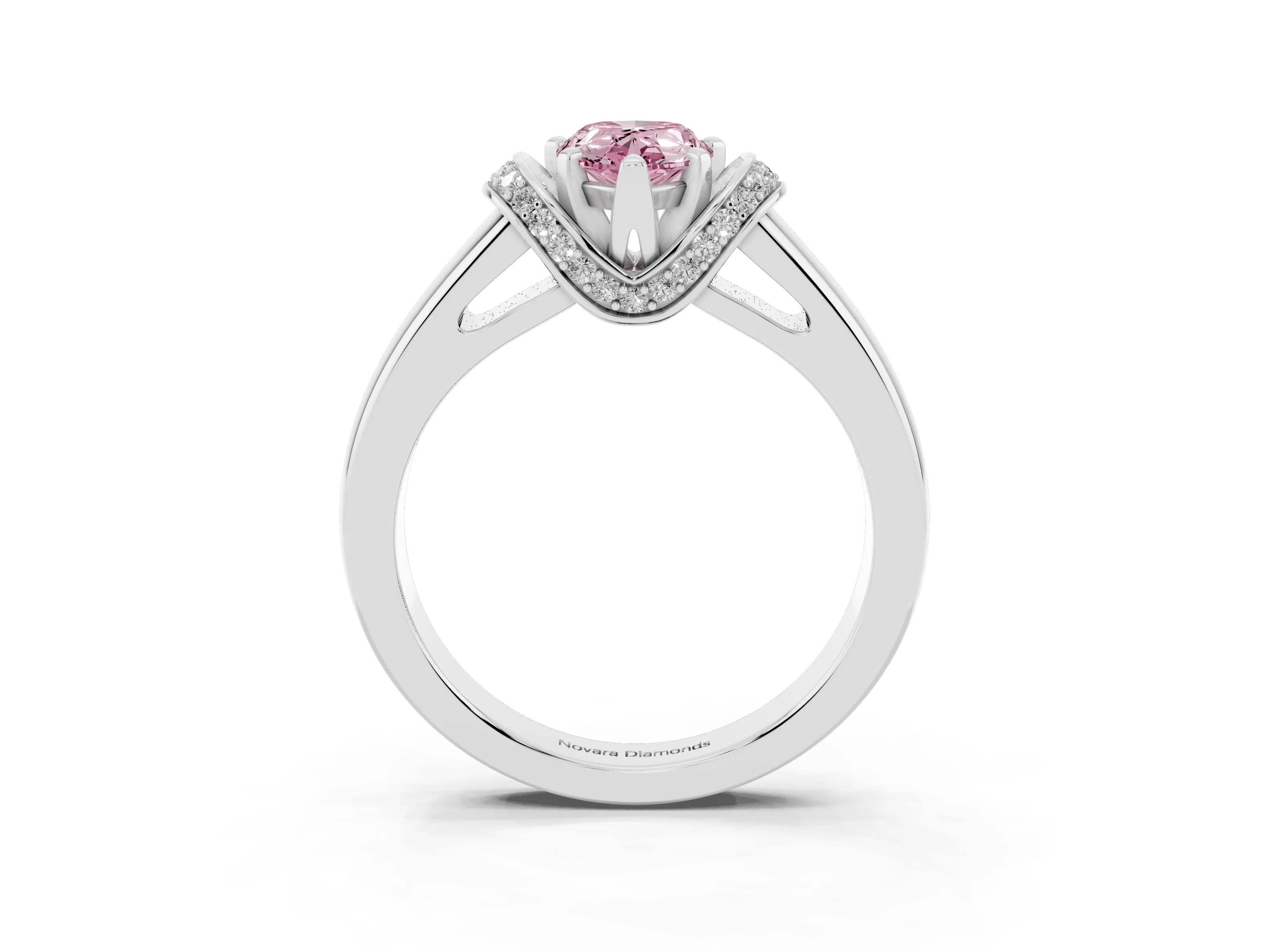 Fancy Pink Pear Cut Diamond Pavé Band Solitaire Ring Set in Silver with Prong Setting