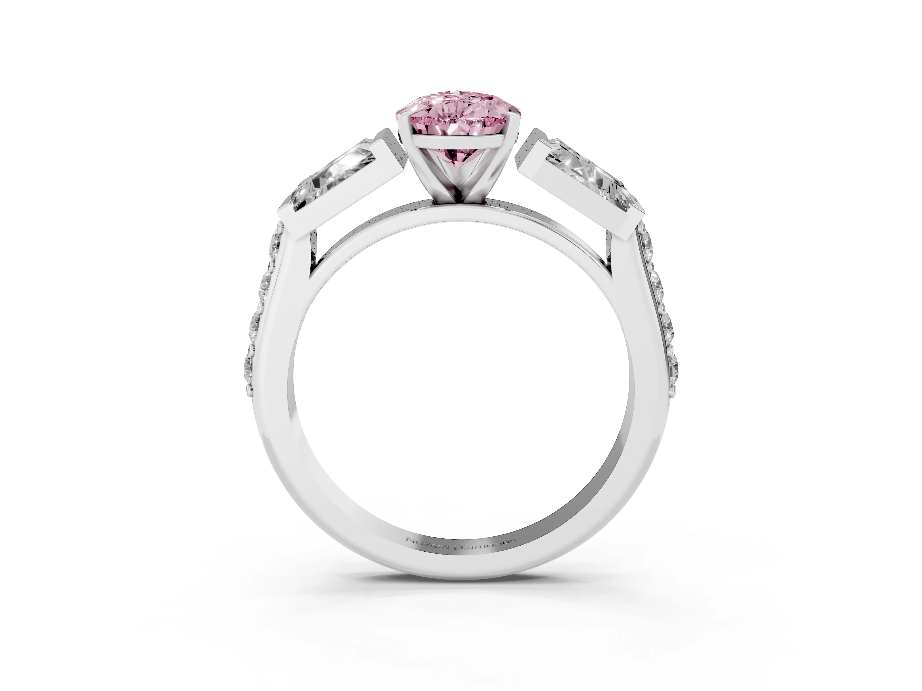 Fancy Pink Pear Cut Diamond Engagement Ring Set in White gold with Baguette Side Stones and Channel Set Band