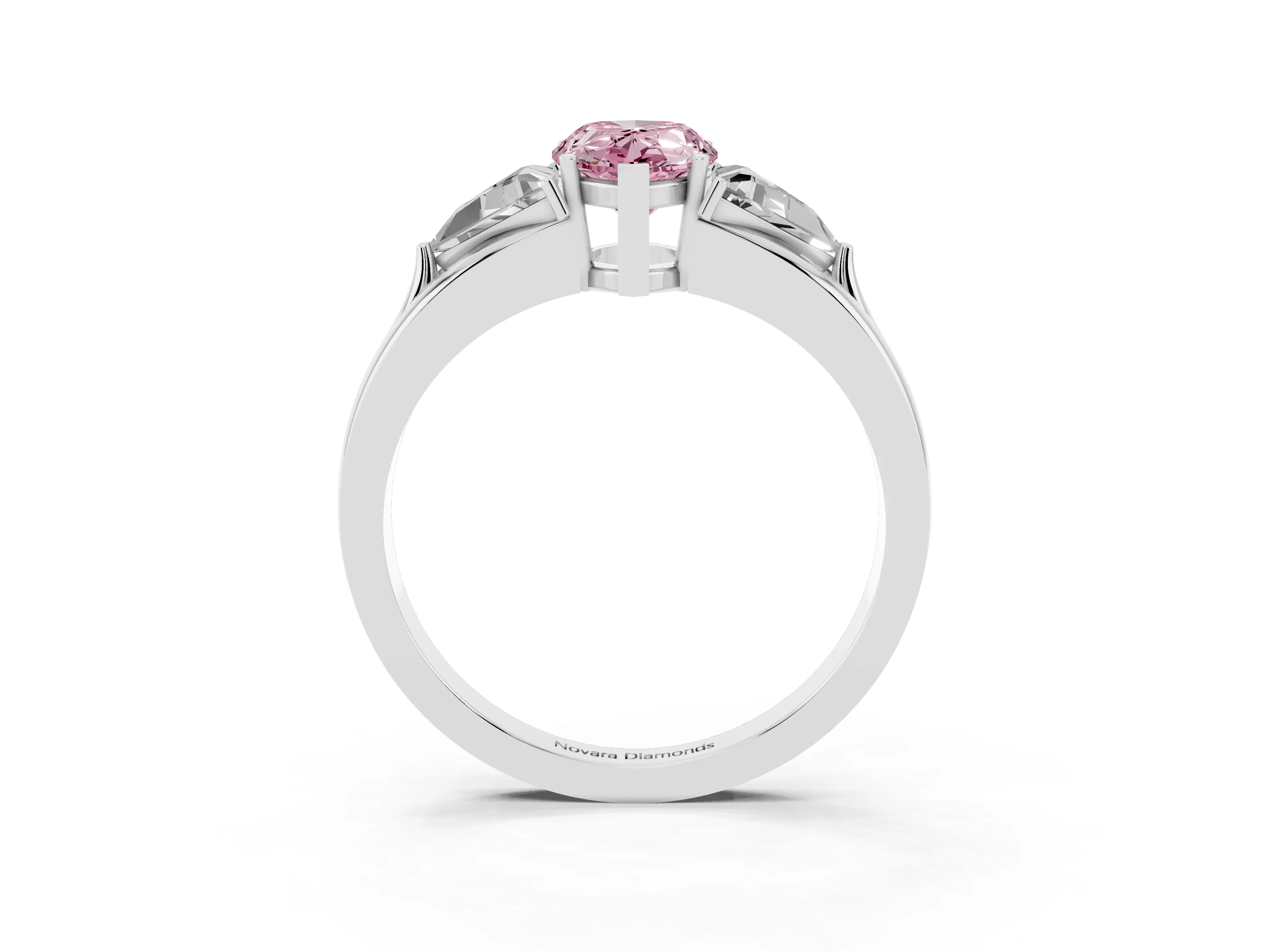 Fancy Pink Pear Cut Diamond Three-Stone Ring Set in Silver with Trillion Side Stones and Split Shank
