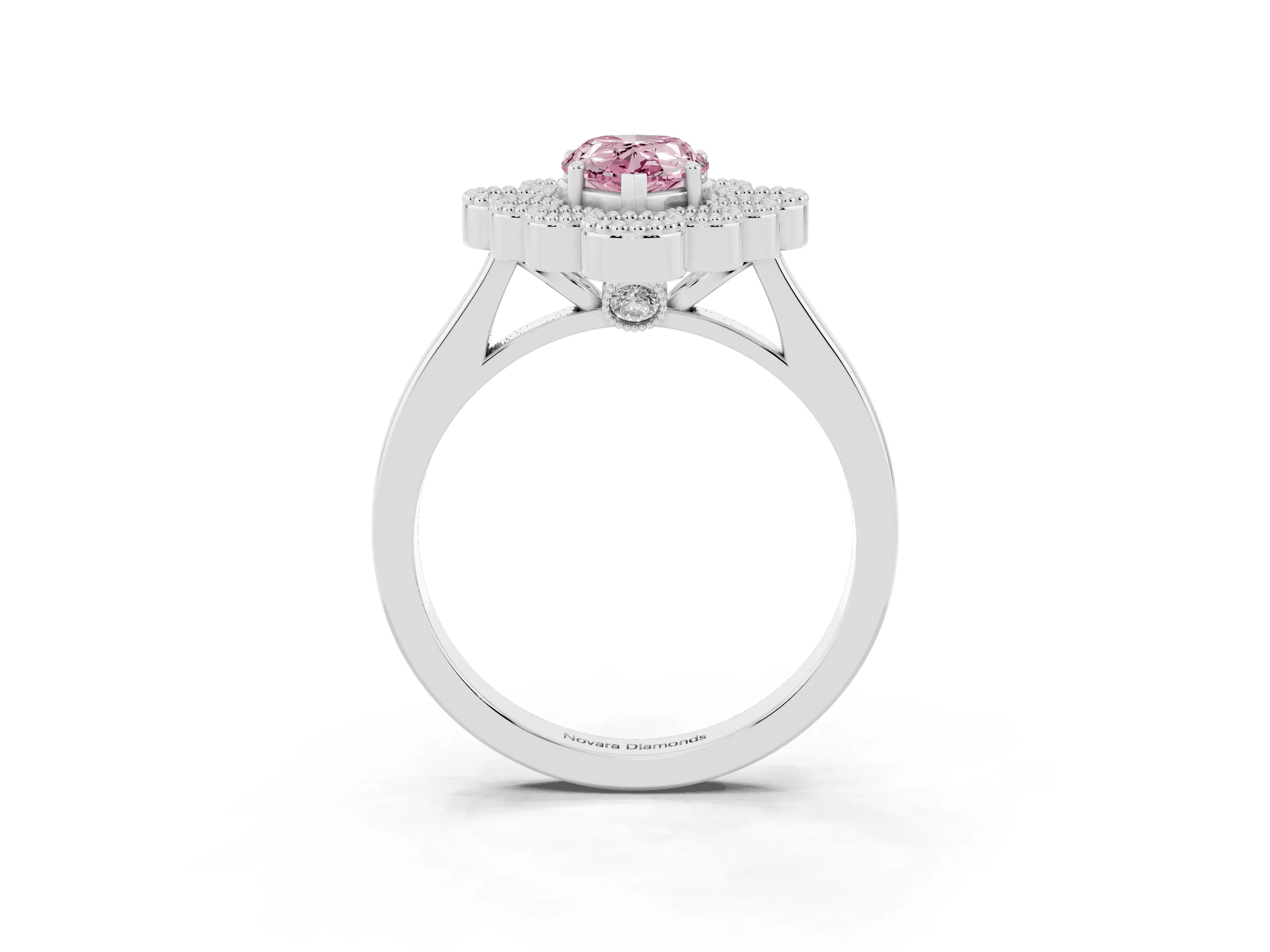 Fancy Pink Pear Cut Diamond Cluster Halo Ring Set in White gold with Milgrain Bezel Accents and Plain Band