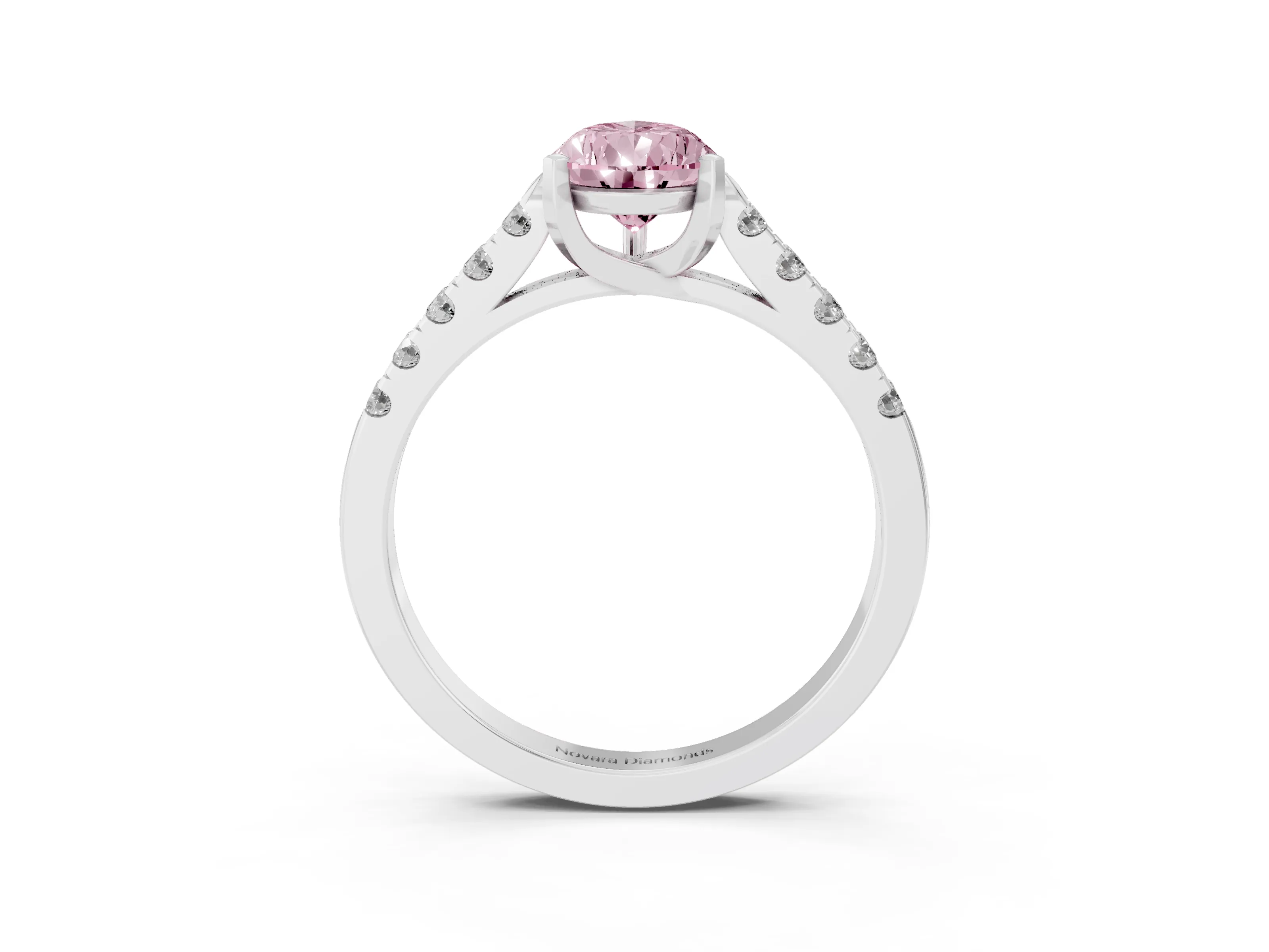 Fancy Pink Pear Cut Diamond Pavé Band Solitaire Ring Set in White gold with Partway Accent Stones and Prong Setting